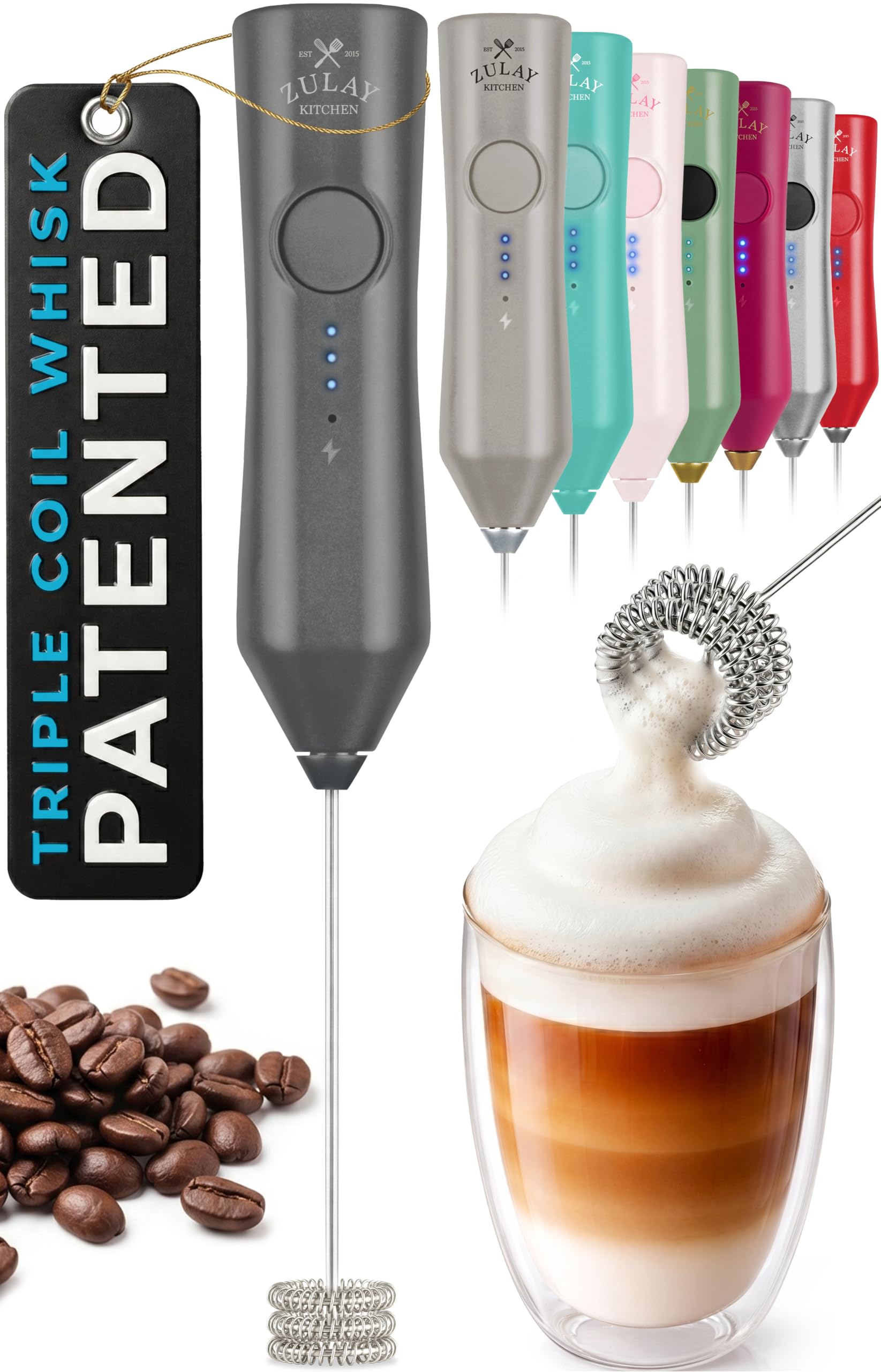 Zulay Kitchen Rechargeable Milk Frother Handheld - Frother Wand, Drink Mixer, Electric Whisk Frother, for Cappuccinos, Matcha & Protein Powder - Dynamic Triple Whisk, 3 Speed 500mAh Charcoal Gray ZK Dynamic Tornado Gray Rechargeable Z1 Motor Max