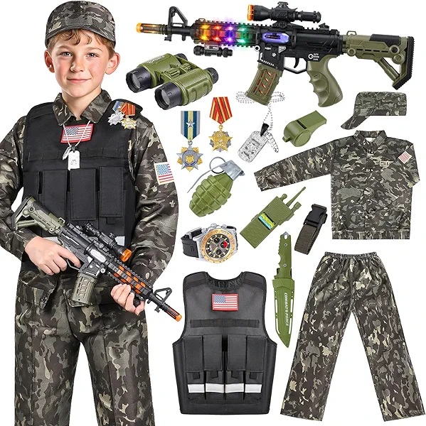 Metemot Kids Army Costume for Boys, Military Soldier Costume with Vest, Boys Halloween Costumes with Army Toys, Soldier Boy
