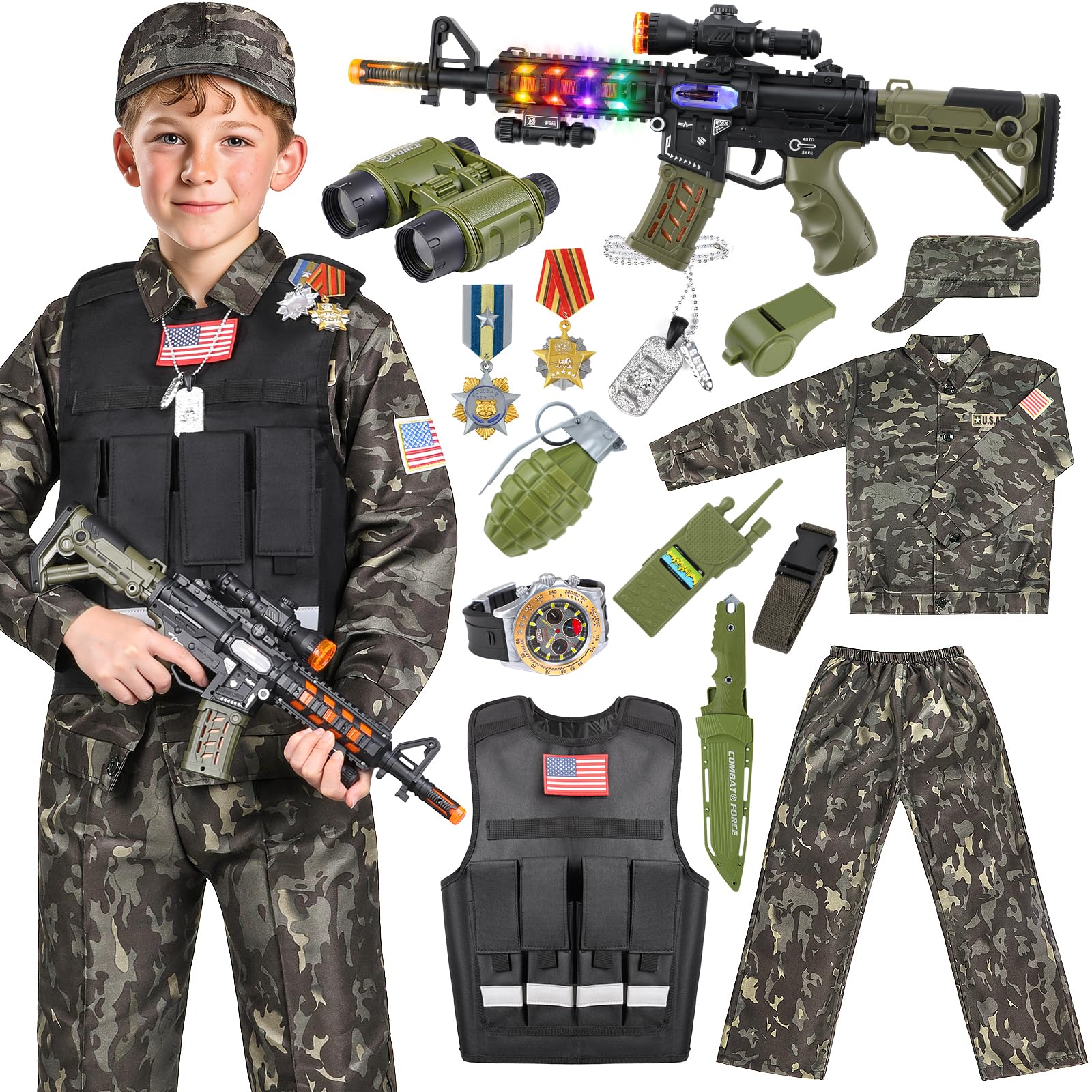 Kids Army Costume for Boys, Military Soldier Costume with Vest, Boys Halloween Costumes with Army Toys, Soldier Boy