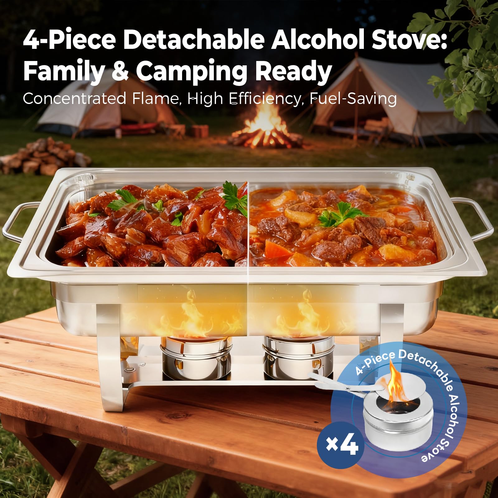 4 Stück Edelstahl Spirituskocher mit Deckel, Abnehmbar Brennpastenbehälter, Tragbar Fondue Brennpaste, Brennpaste für Warmhaltebehälter, Spiritusbrenner für Buffet, Hot Pot, Camping, Wandern