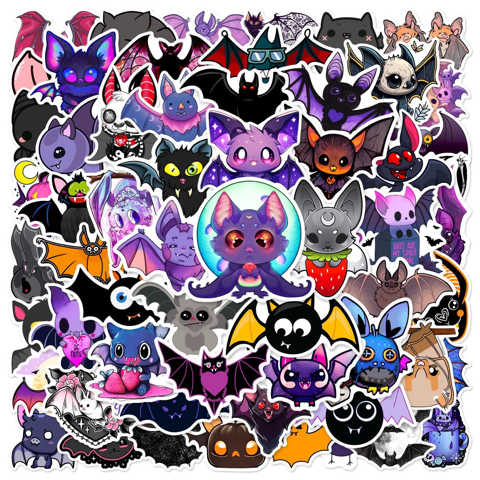 60 Pcs Cute Cartoon Bat Stickers for Kids Water Bottle, Cool Trendy Halloween Waterproof Vinyl Decals for Journal Laptops Skateboard Phone DIY