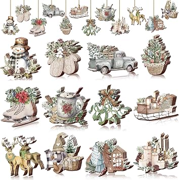 Suzile 36 Pcs Wooden Ornaments Vintage Tree Ornaments Decorations for Tree Wreaths Hanging Wood Cutouts Decor for Home Winter PartySnowman Style