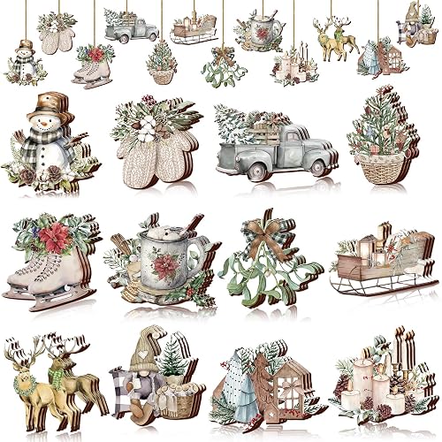 Suzile 36 Pcs Wooden Ornaments Vintage Tree Ornaments Decorations for