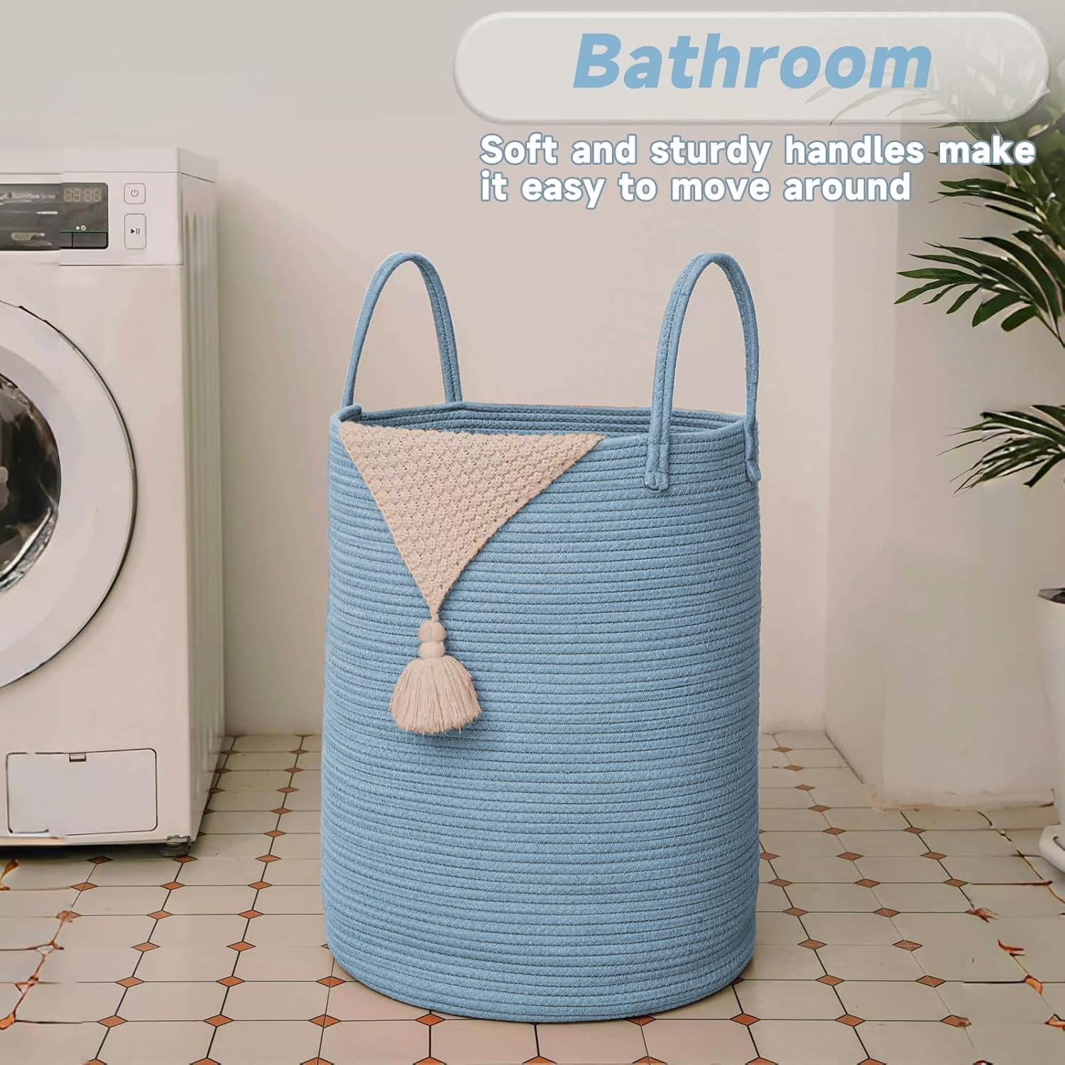 JMvicyroam Large Woven Laundry Basket Hamper,60L Cotton Rope Storage Bin for Blankets,Toys and Clothes,Decorative Tall Nursery Hamper for Living Room,Baby Nursery,Bathroom and Bedroom,Blue