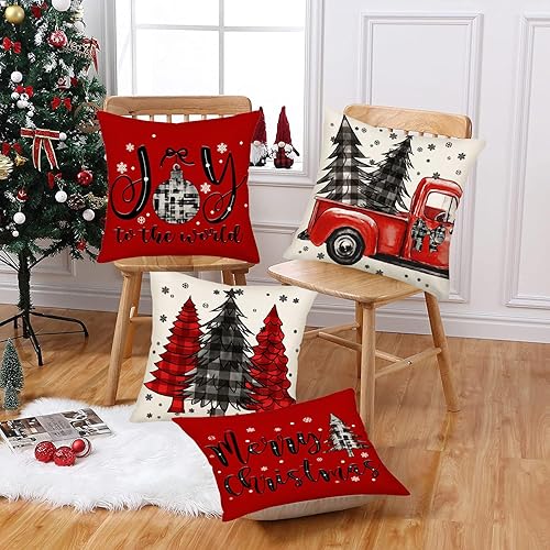 Miniatura 3 de Juego de 4 fundas de almohada de Feliz Navidad de 24 x 24 pulgadas, diseño de búfalo rojo y negro, a cuadros, decoración de árbol de Navidad,