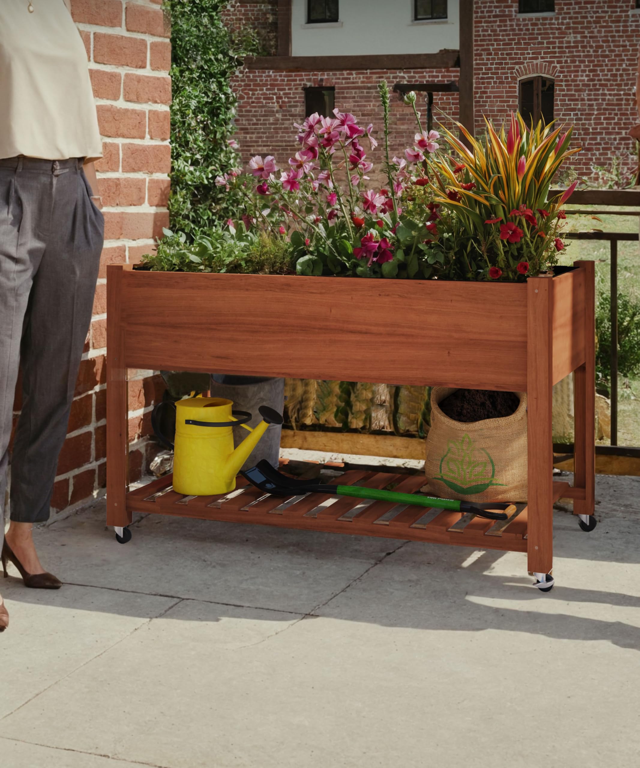 GarveeHome Cama elevada de Madera para jardín con Ruedas y Estante Inferior – Caja Jardinera Resistente con Forro Protector – Ideal para Cultivar Verduras, Hierbas y Flores en Patio, terraza o jardín