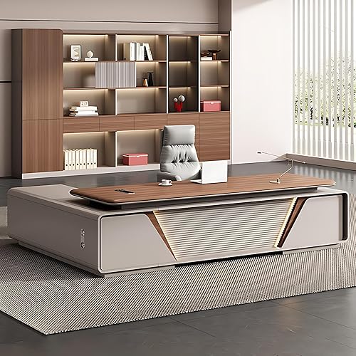 Escritorio ejecutivo moderno de 70.8 pulgadas, mesa de oficina en forma de L con agujero eléctrico oculto y tira de luz, escritorio de oficina de