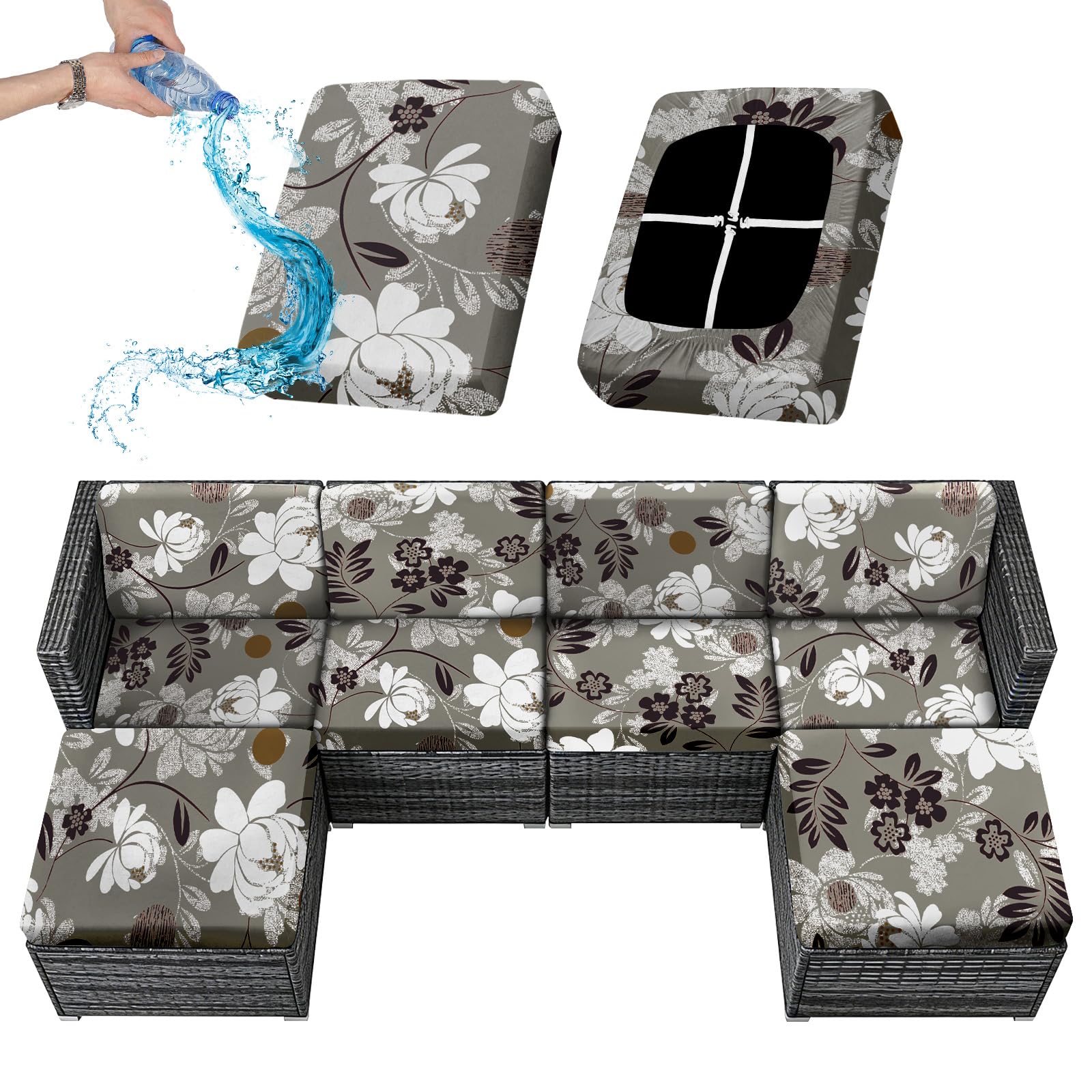 Sfcover 1/2/4/6 Pack Outdoor Sofa Cushion Covers Waterproof Stretch Garden Furniture Seat Back Cover Patio Upholstery Silpcover Replacement Set for Rattan with 4 Adjustable Laces (taupe leaves,2) — image 1