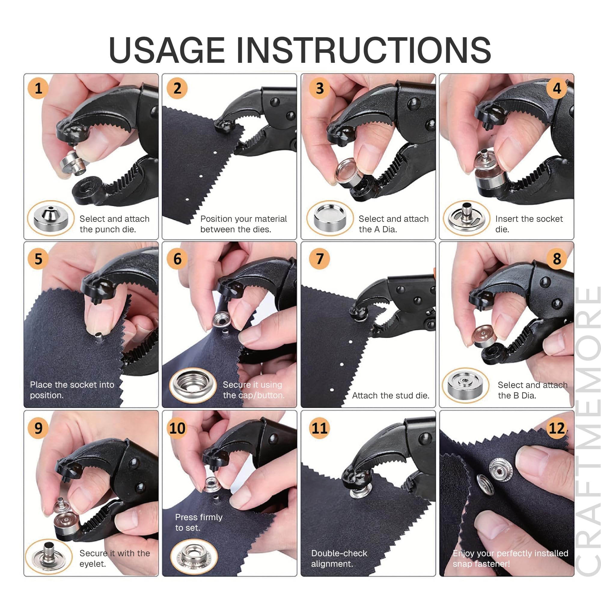 CRAFTMEMORE Kit de cierre a presión resistente, herramienta ajustable con 40 juegos de broches de metal, herramienta de instalación para cubiertas de barco, lienzo, lonas