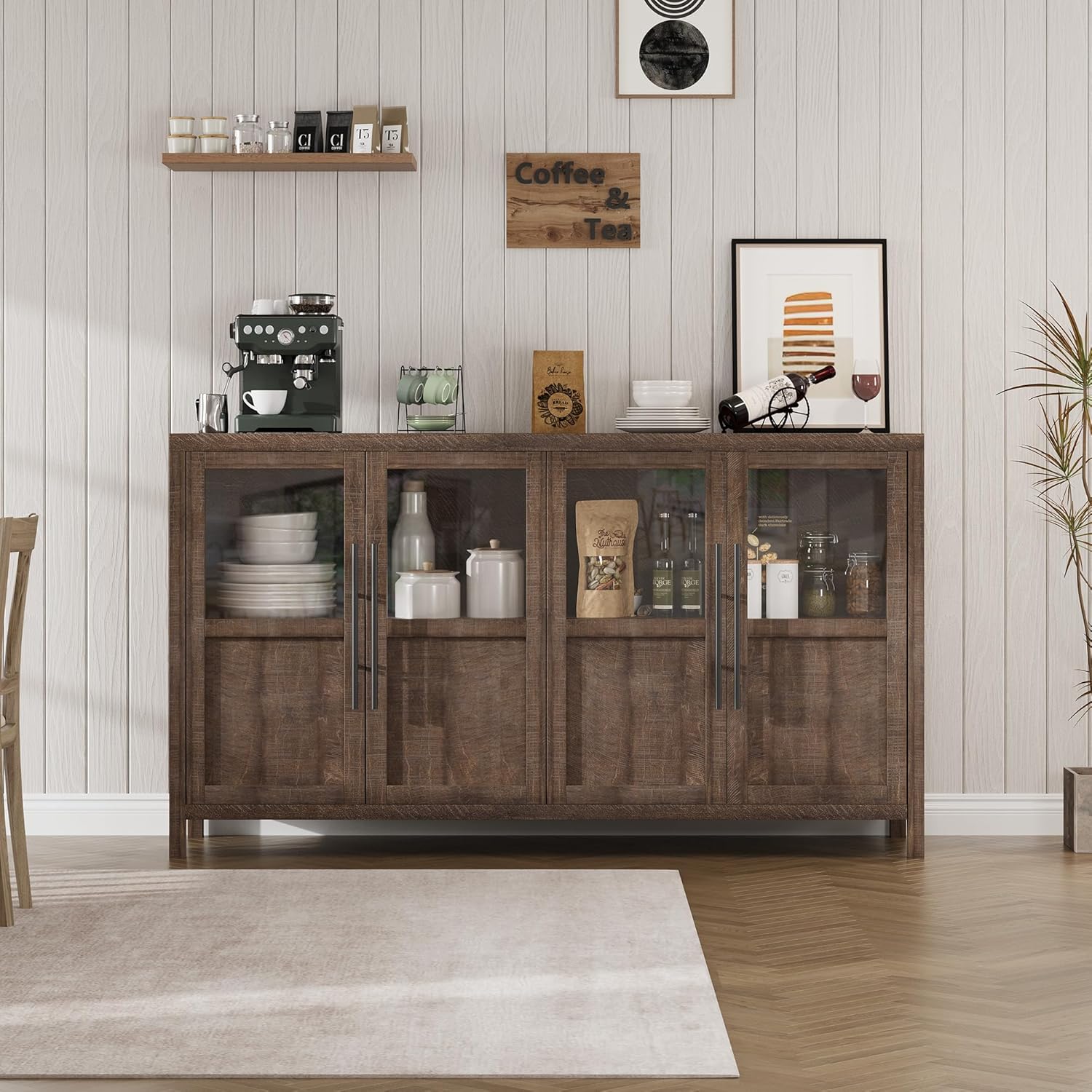 GarveeHome Sideboard Buffet Cabinet with 4 Glass Doors, 55 in Buffet Table Coffee Bar Wine Bar Display Cabinet for Kitchen Dining Room, Living Room (Glass with 4 Doors, Brown)