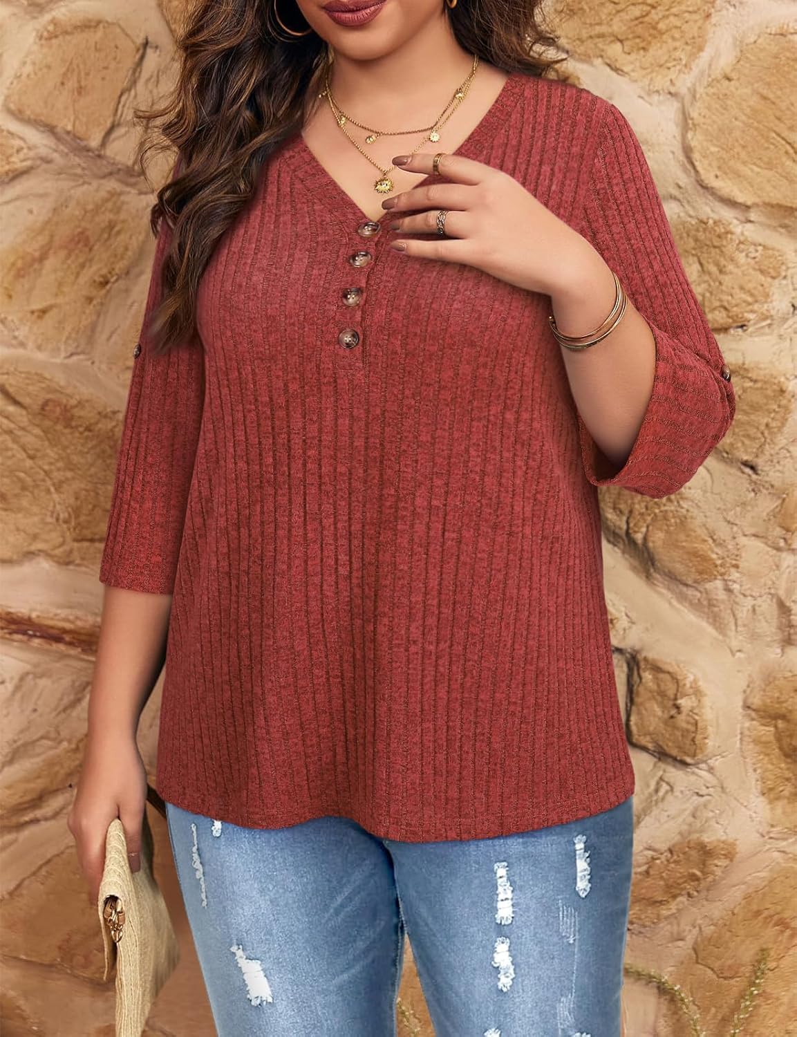 Koscacy Women Plus Size V Neck 3/4 Roll Sleeve Sweater Casual Knit Tops Solid Color Blouses - Image 4