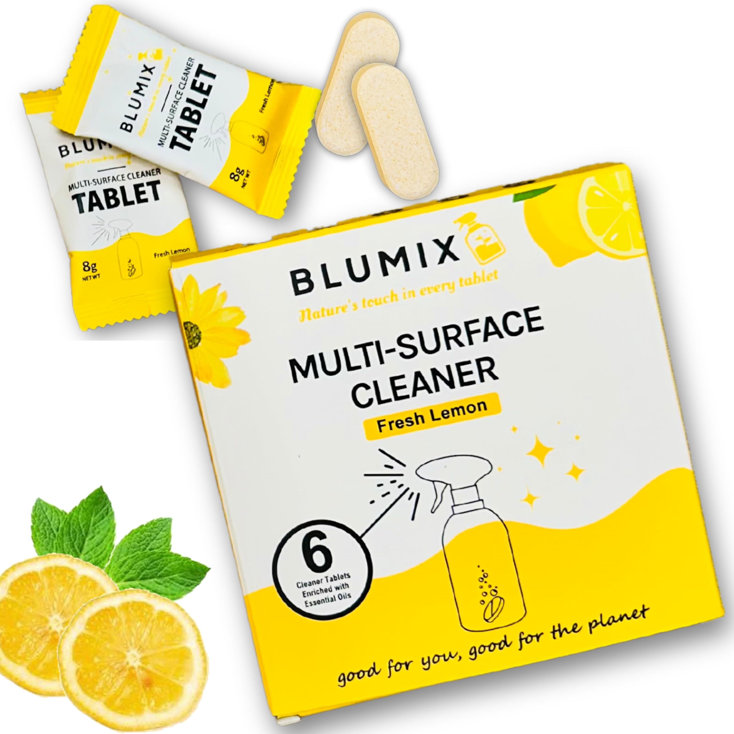 Multi-Surface Cleaner Refill Tablets – 6 Count | Fresh Lemon Scent | Eco-Friendly, Biodegradable, Plastic-Free Cleaning Refills for Spray Bottles – All-Purpose Household Use
