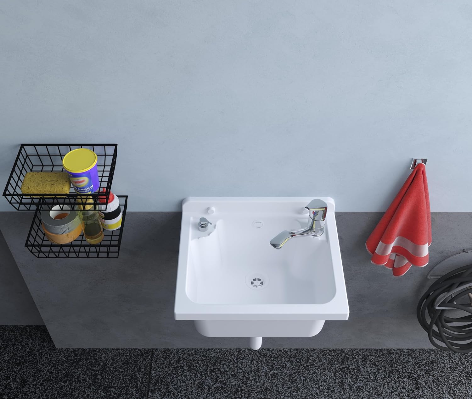 Samping view of the Negrari wall-mounted utility sink, showing the depth and the siphon connection.