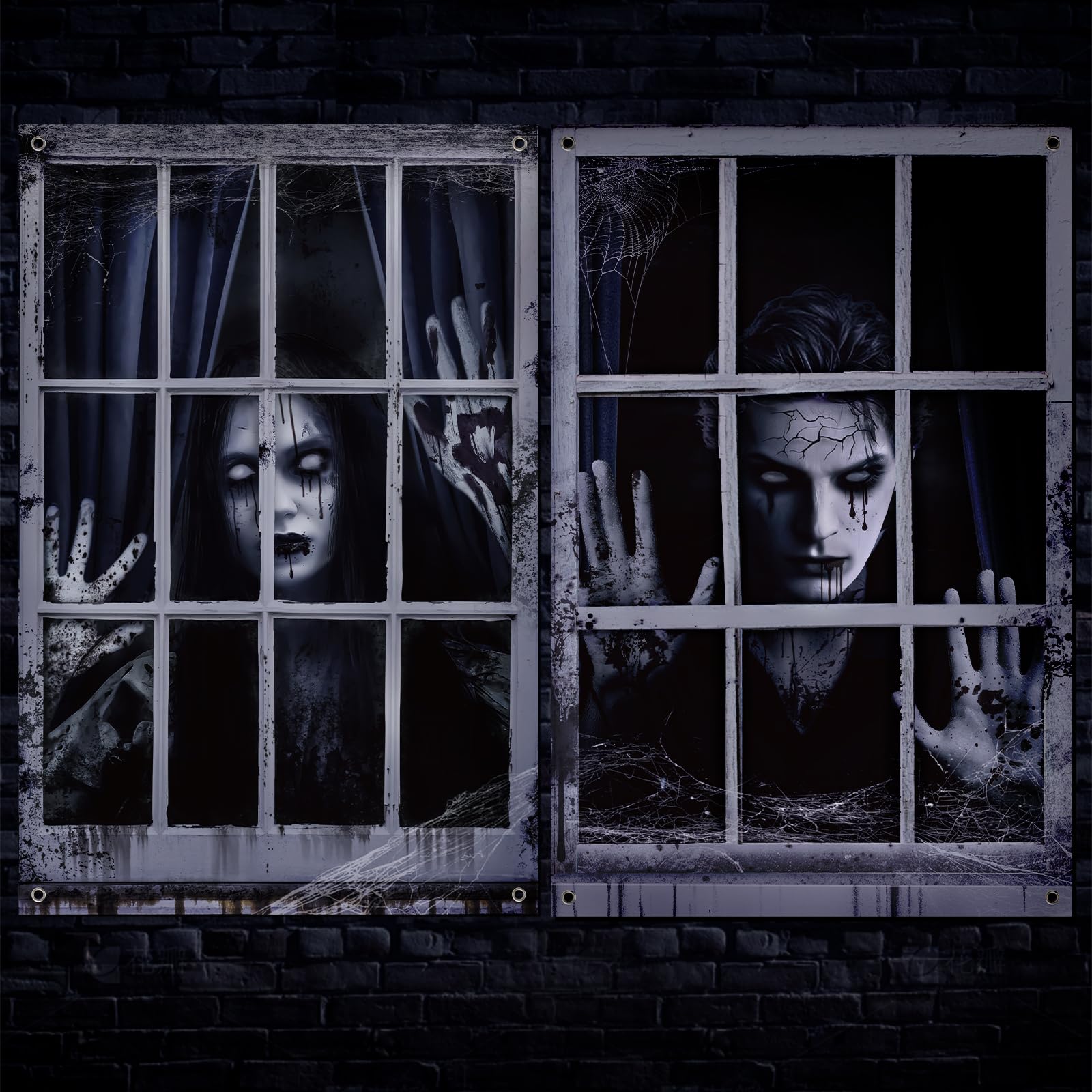 Hxezoc 2 Pack Halloween Female Male Ghost Curtain, Scary Ghost Window Backdrop Poster for Halloween Window Door Wall Coverings Decoration Supplies