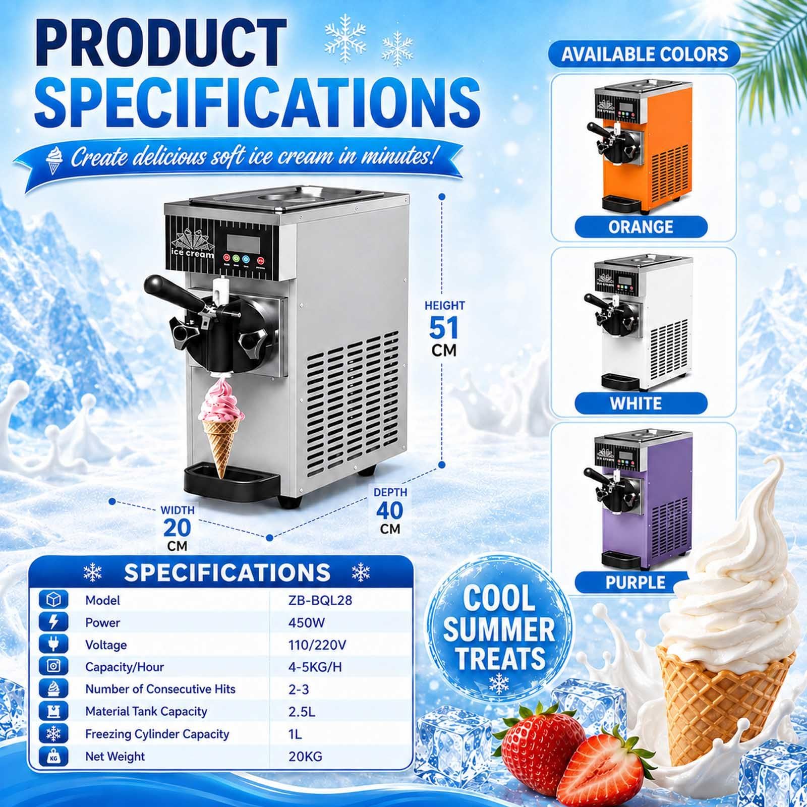 Machine À Glace Italienne 450 W, Trémie 2,5 L, Débit 4–5 L/H Orange