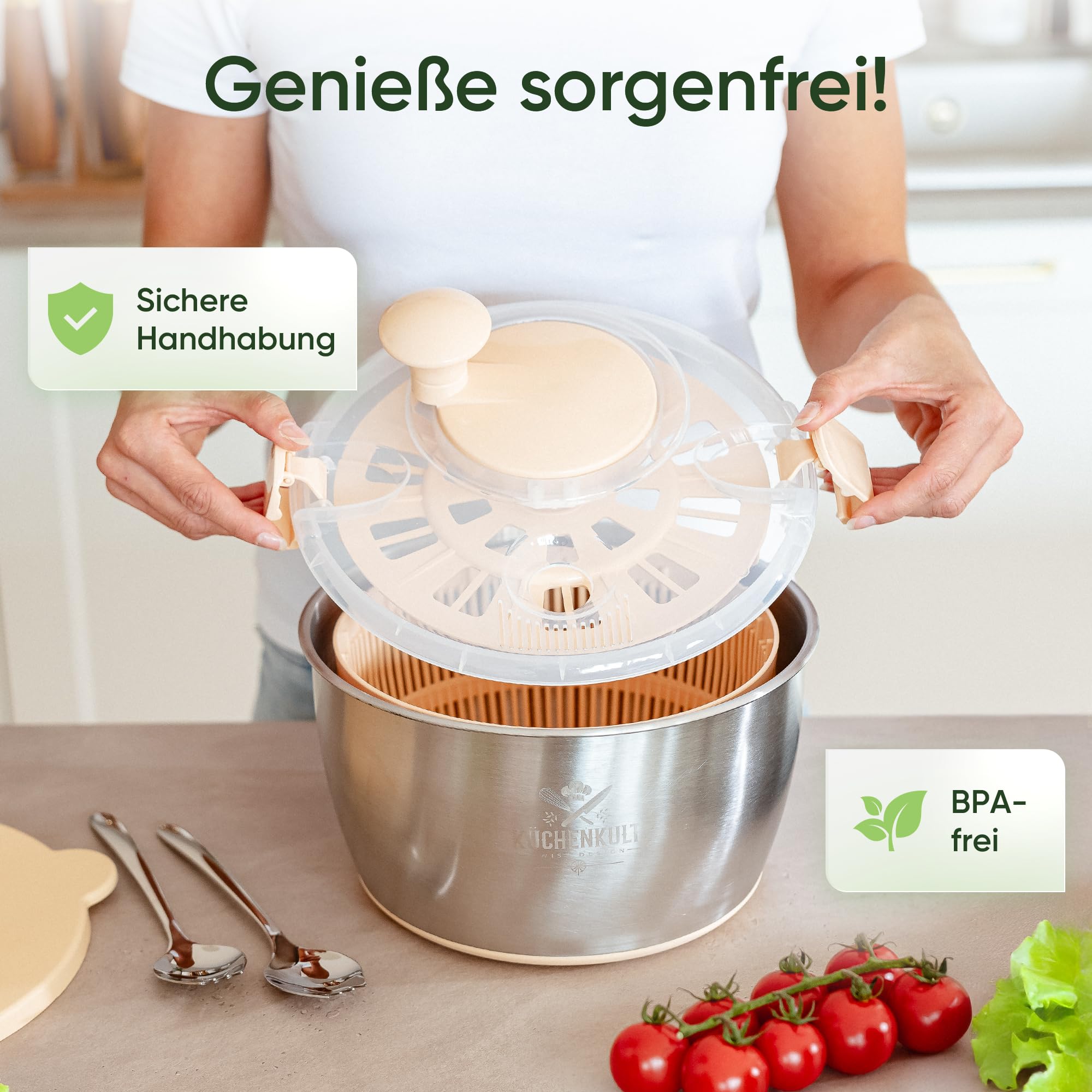 Edelstahl Salatschleuder mit Deckel 5L | Rutschfester Boden | Testsieger 2025 | Salad Spinner | BPA -frei