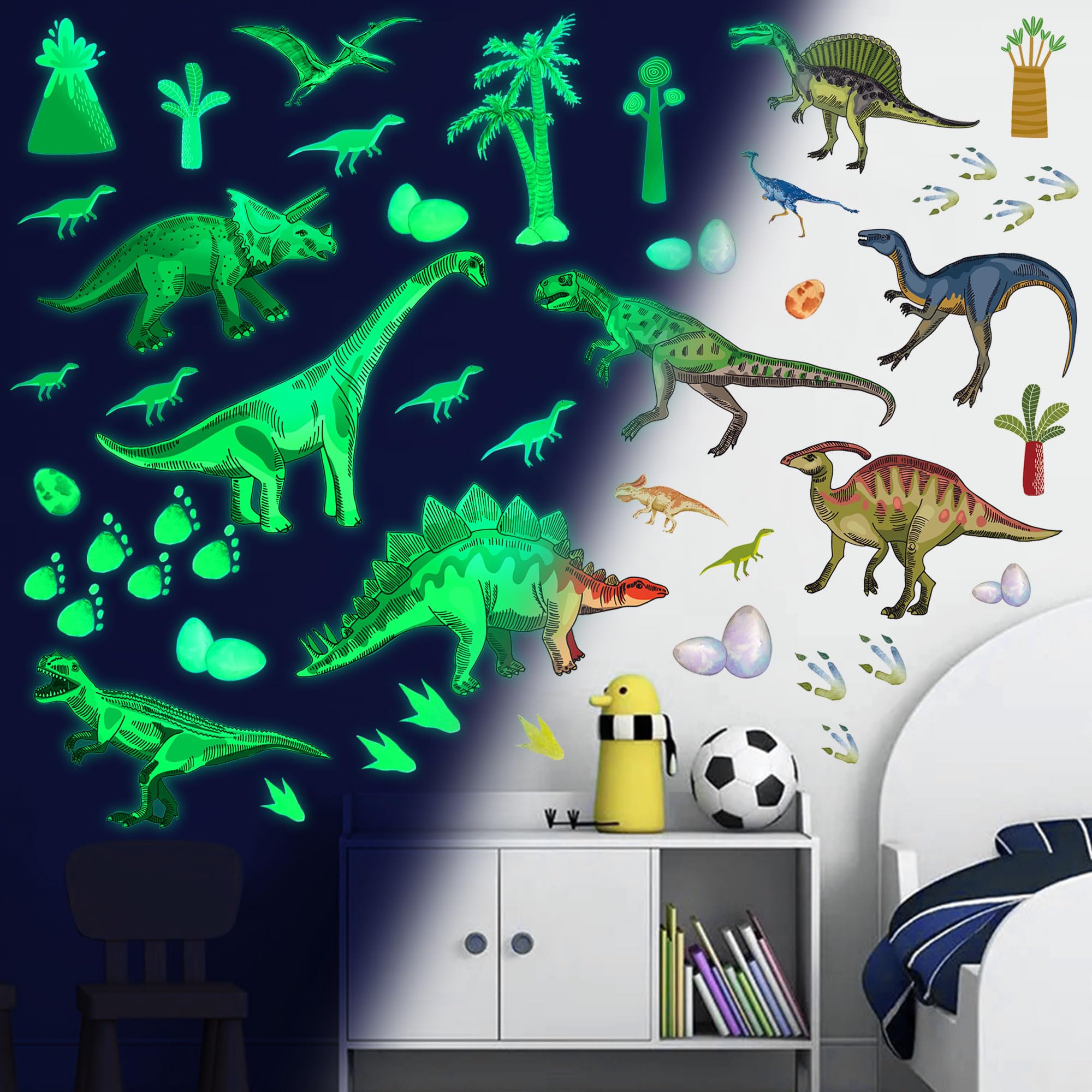 Glow in The Dark Dinosaur Wall Decals - Watercolor Dino Stickers for Boys, Girls, Baby Nursery, Playroom, Living Room Decor - Large Kids Bedroom Wall Decor