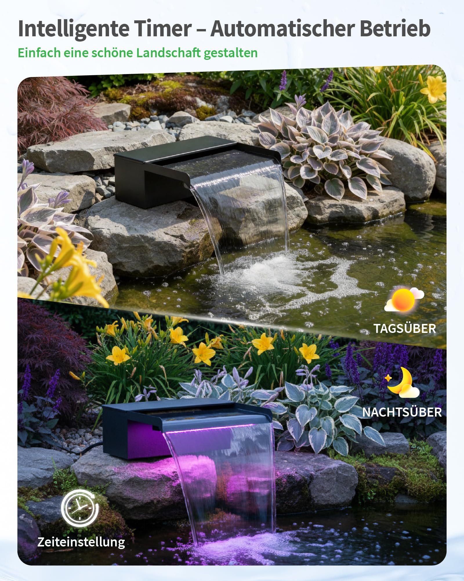 POPOSOAP Cascada de estanque de 20 cm de ancho, caja de cascada de acero inoxidable con bomba de estanque de 2500 L/H, cadena de luces LED de cambio de color controlada por control remoto, juego de