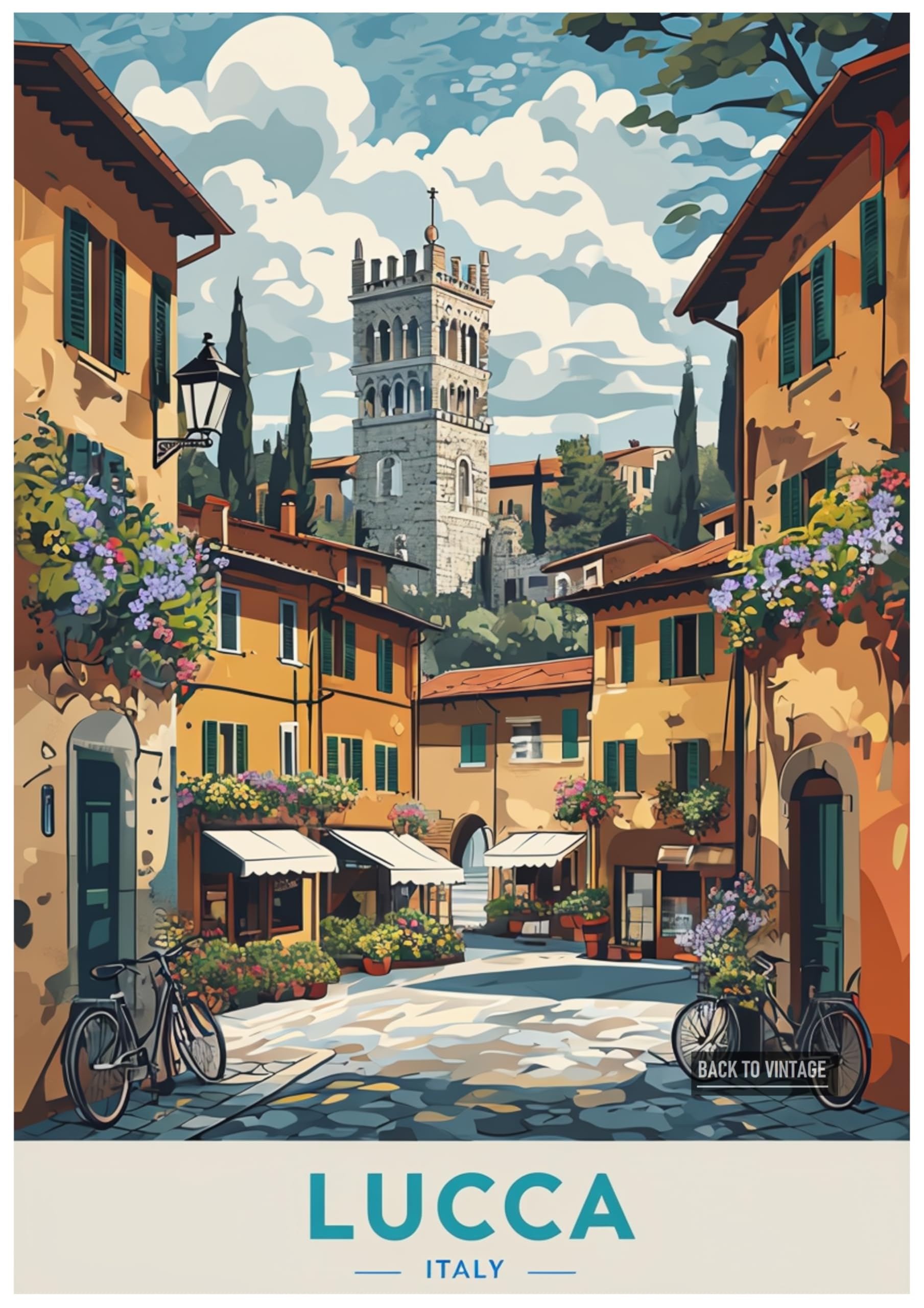 Vibrant Poster Depicting Quaint Street Scene In Lucca Italy - Retro Europe Travel Poster A4 Size Vintage Wall Art Print of Famous European Destinations Ideal for Home or Office Decor