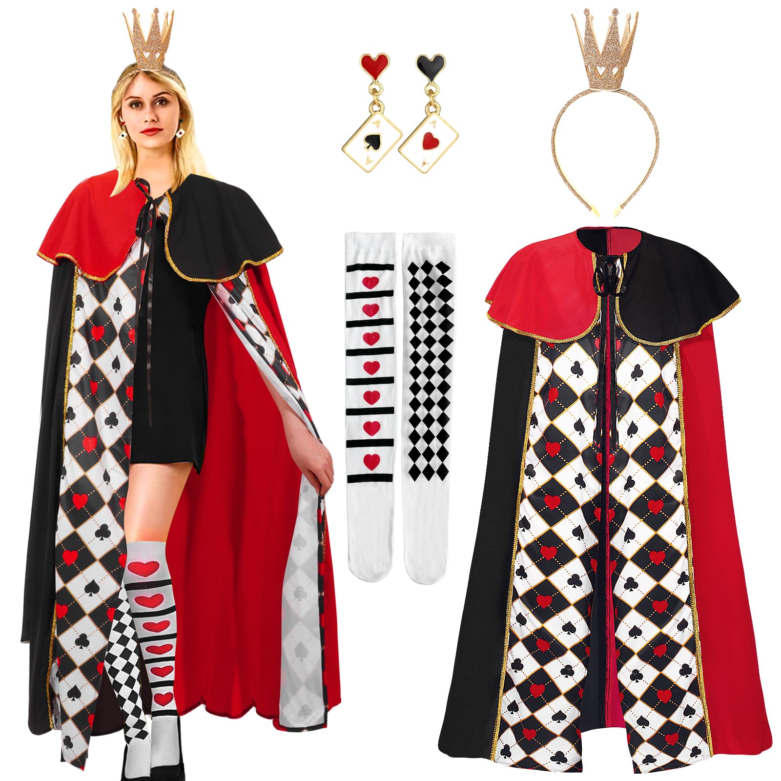 shengo Queen of Hearts Costume Women,Halloween Costumes Adult Women Hearts Print Cloak Fancy Dress Plus Size Fancy Dress Costumes Set for Halloween Christmas Cosplay Stage Performance