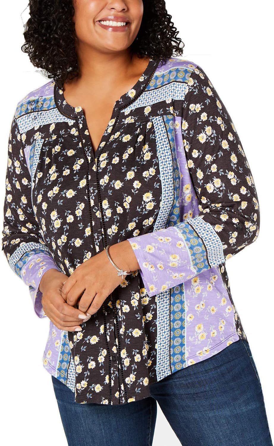 Womens Plus Floral Split Neck Casual Top
