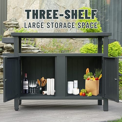 Miniatura 3 de Domi Grill Carts Outdoor with Storage and Wheels, Whole Metal Portable Table and Storage Cabinet for BBQ,Deck,Patio,Backyard(Dark Grey,L45x W20.31x