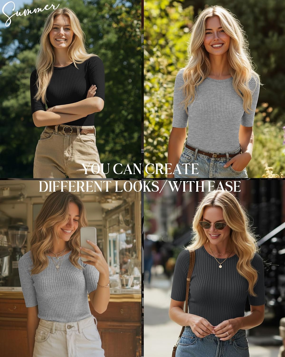 Riyiper 3 Pack Women's Half Sleeve Tops, Elbow Length Ribbed Cotton T Shirt Crew Neck Summer Tee Slim Fit Casual Blouses - Image 2