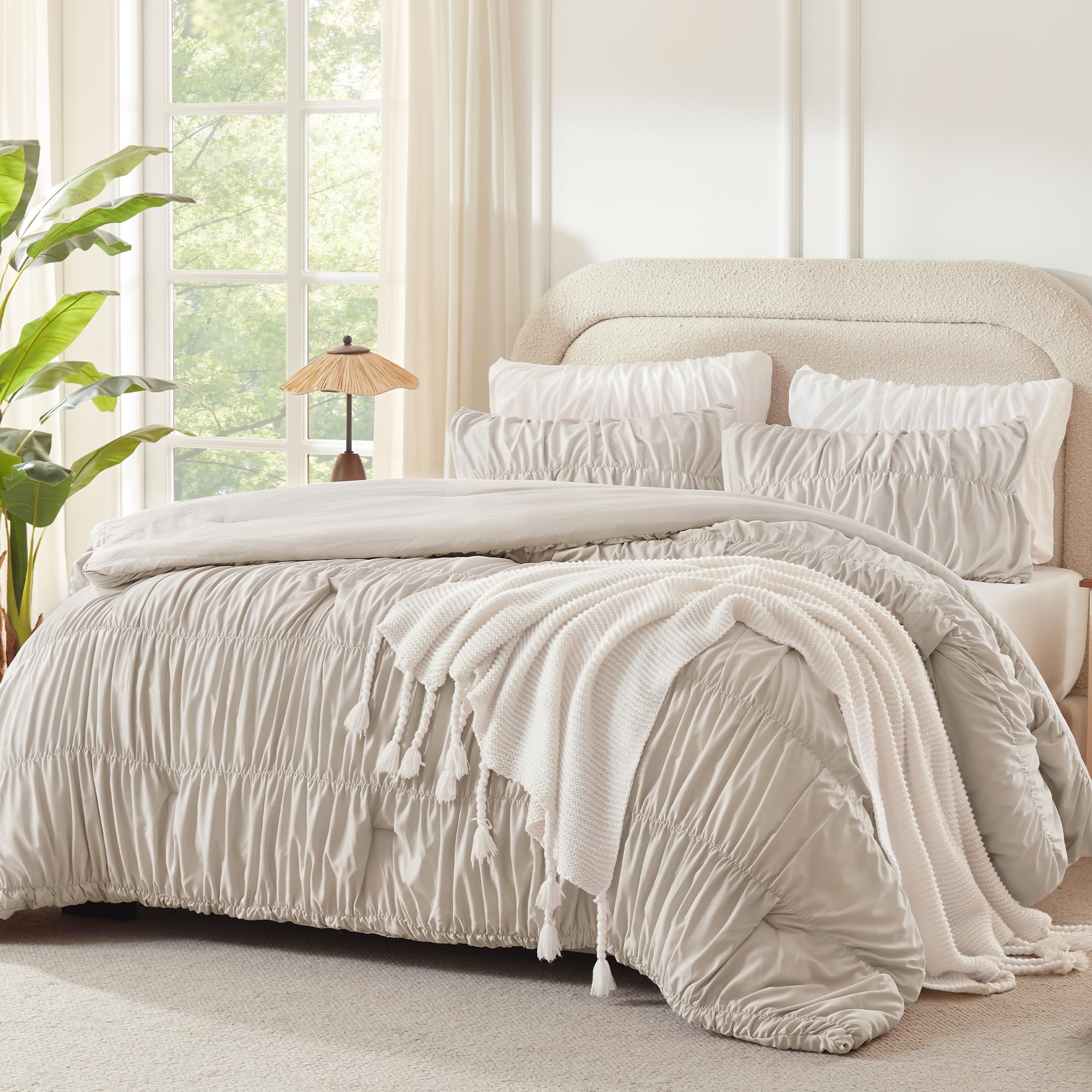 Andency Ruched Linen Grey Full Comforter Set, Boho Ruffle Bedding 3 Pieces