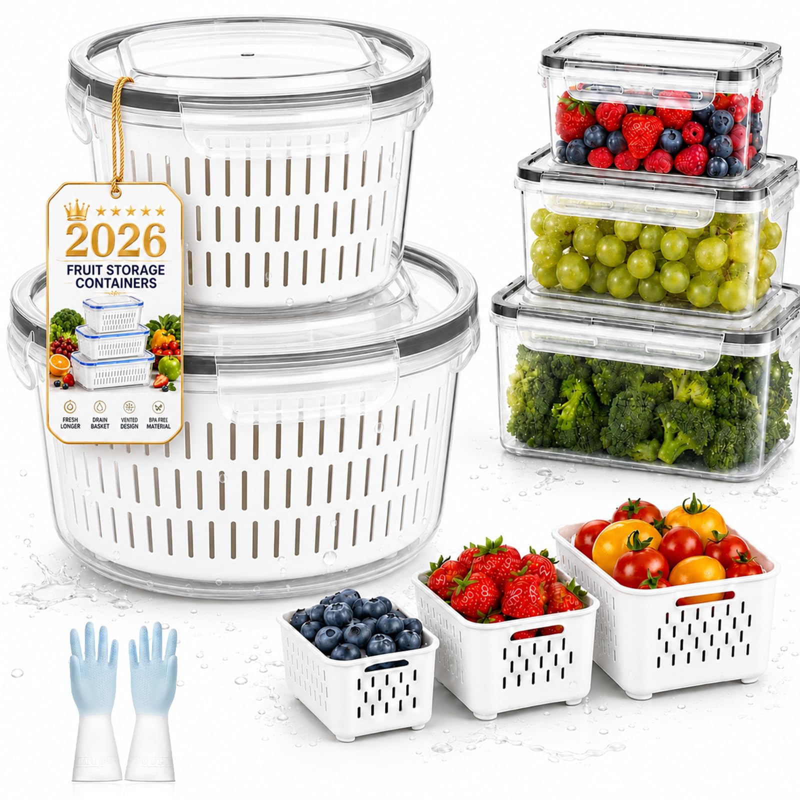 4-In-1 Fruit Strainer Container, Berry Storage Containers for Fridge with Removable Colander & Lid, Airtight Fresh Food Storage Containers with Drain Basket for Meat Fruit Vegetables (Round,S+M)