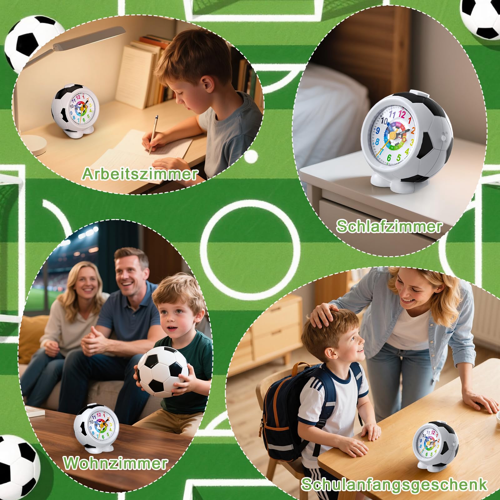 Réveil Enfant Football Garçon Fille Horloge Pédagogique Analogique Silencieux sans Tic-Tac avec Veilleuse Snooze Antidérapant Idée Cadeau Éducatif 5-12 Ans