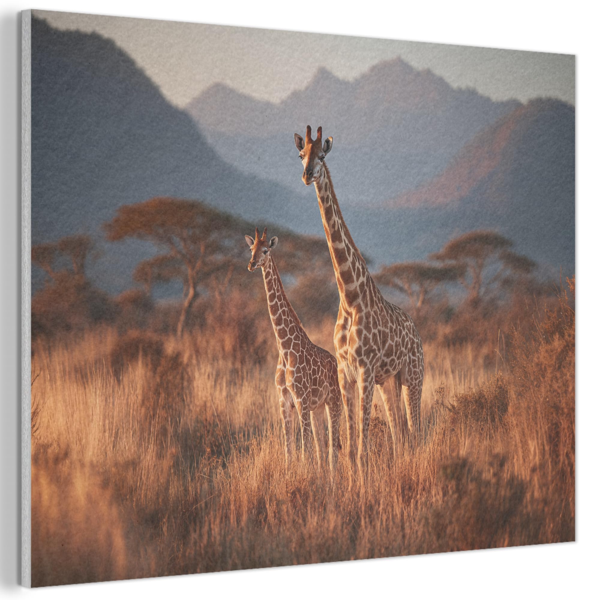 MuchoWow© Felt Panel 70x50 cm Framed Design Print Accent Interior Wallart Decoration Wall Art Giraffes - High grass - Acacia trees
