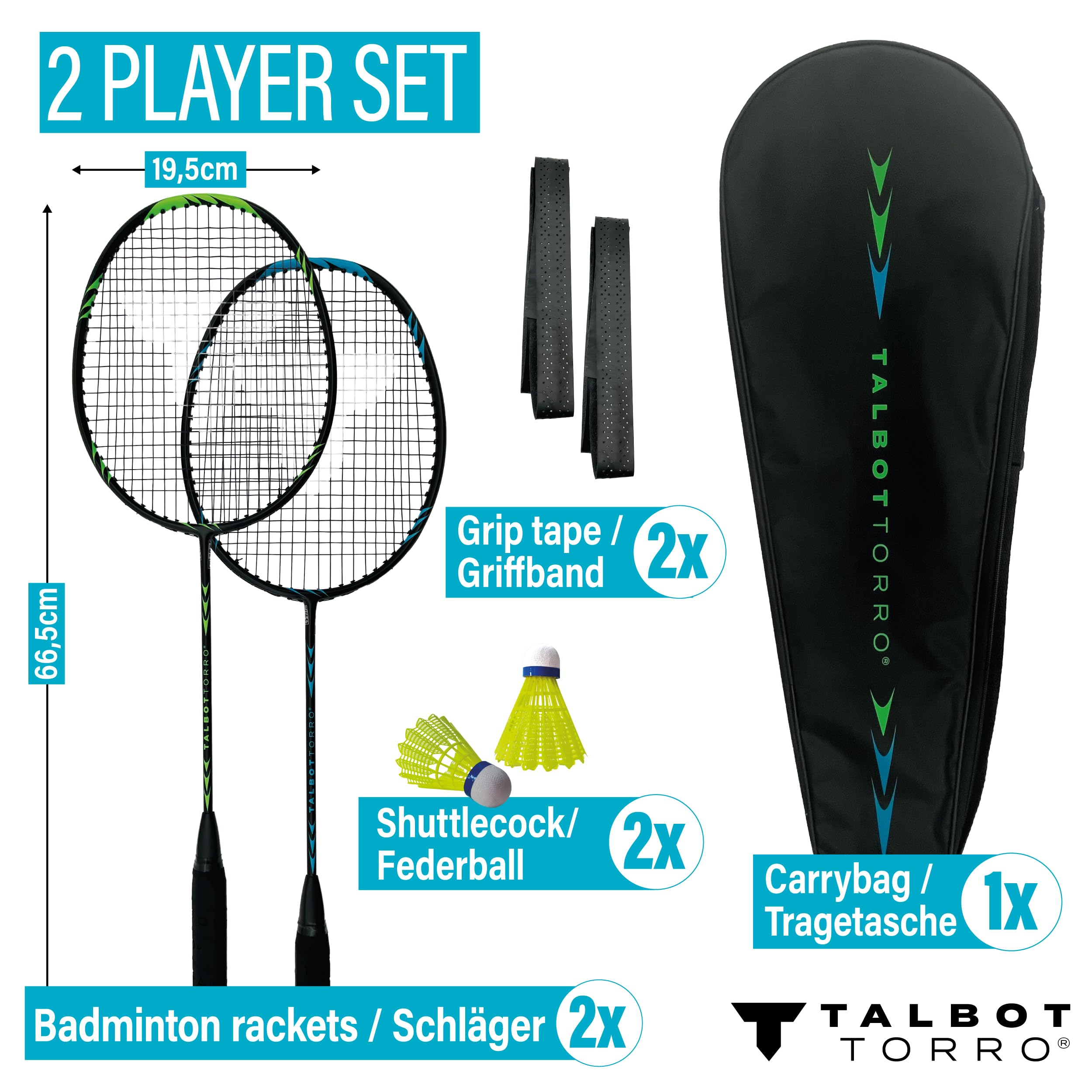 Talbot-Torro Badminton Set Professional I 2 Carbon-Schläger I 2 Federbälle I 2 Griffbänder I Schlägertasche I Leicht & Robust I Für Anfänger & Fortgeschrittene I Outdoor & Indoor