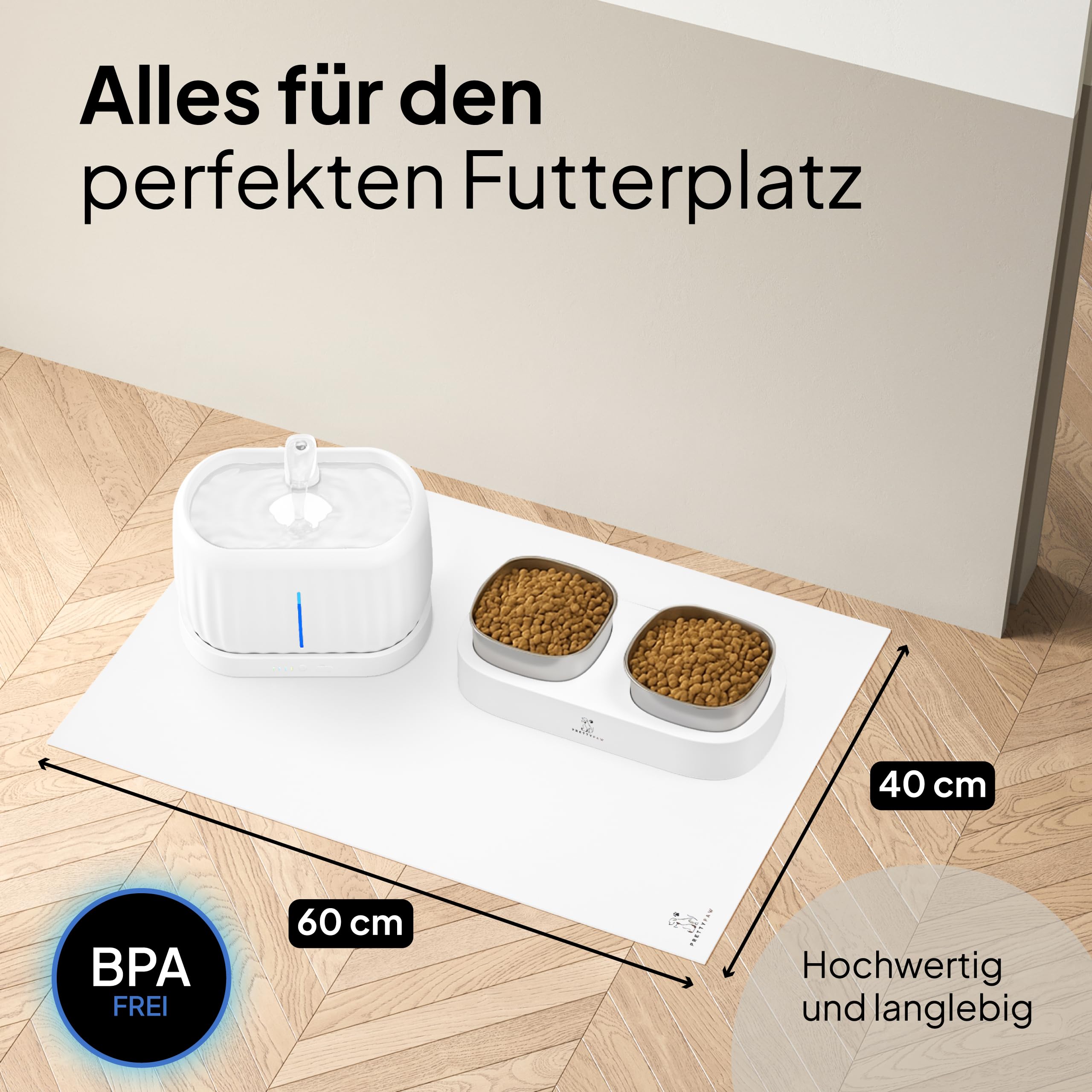 Pretty PAW® Napfunterlage Katze 60x40cm – Zubehör für Pretty Paw Trinkbrunnen & Futternapf | rutschfeste & wasserdichte Futtermatte Bodenschutz für Katzen Wassernapf & Fressnapf (Weiß, Extra Breit)