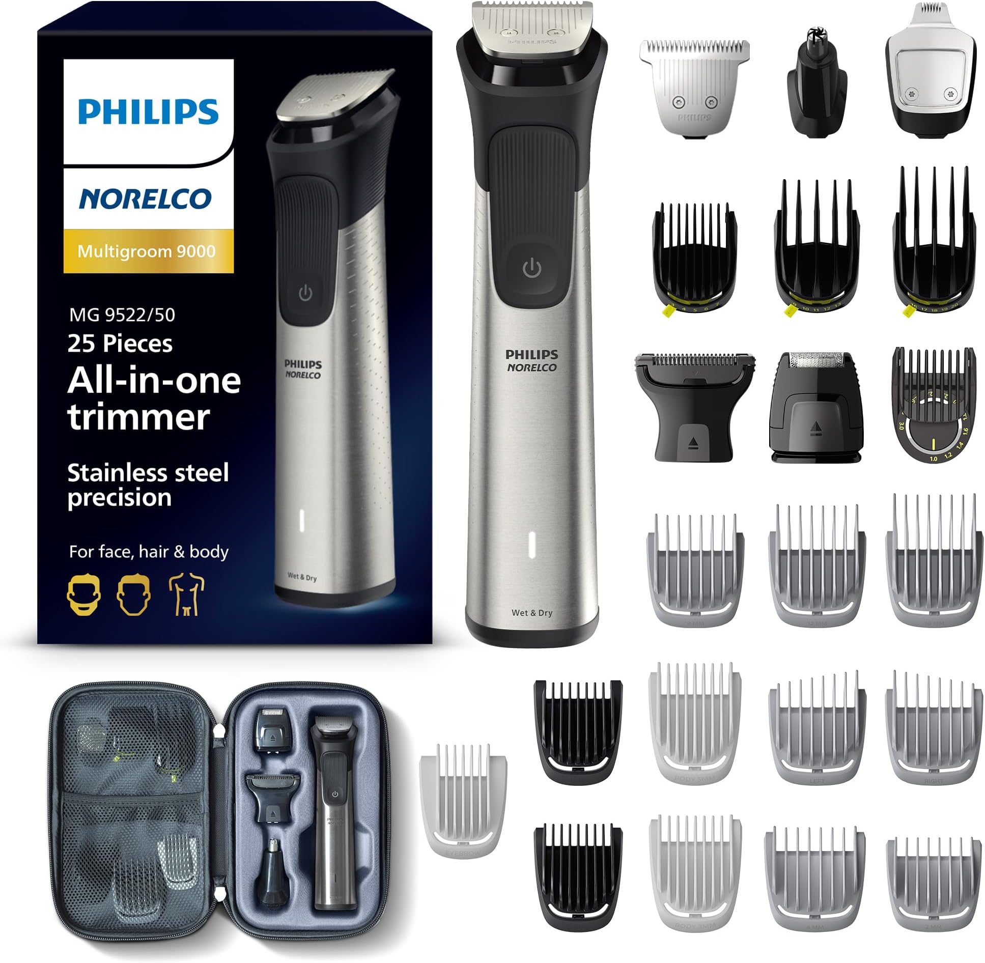 Philips Norelco Multigroom 9000 Series, All-in-One Trimmer, Beard Trimmer and Hair Clipper, 25-Piece/27-Length Men's Grooming Kit for Beard, Face, Nose, Ear and Body, Travel Kit, MG9522/50