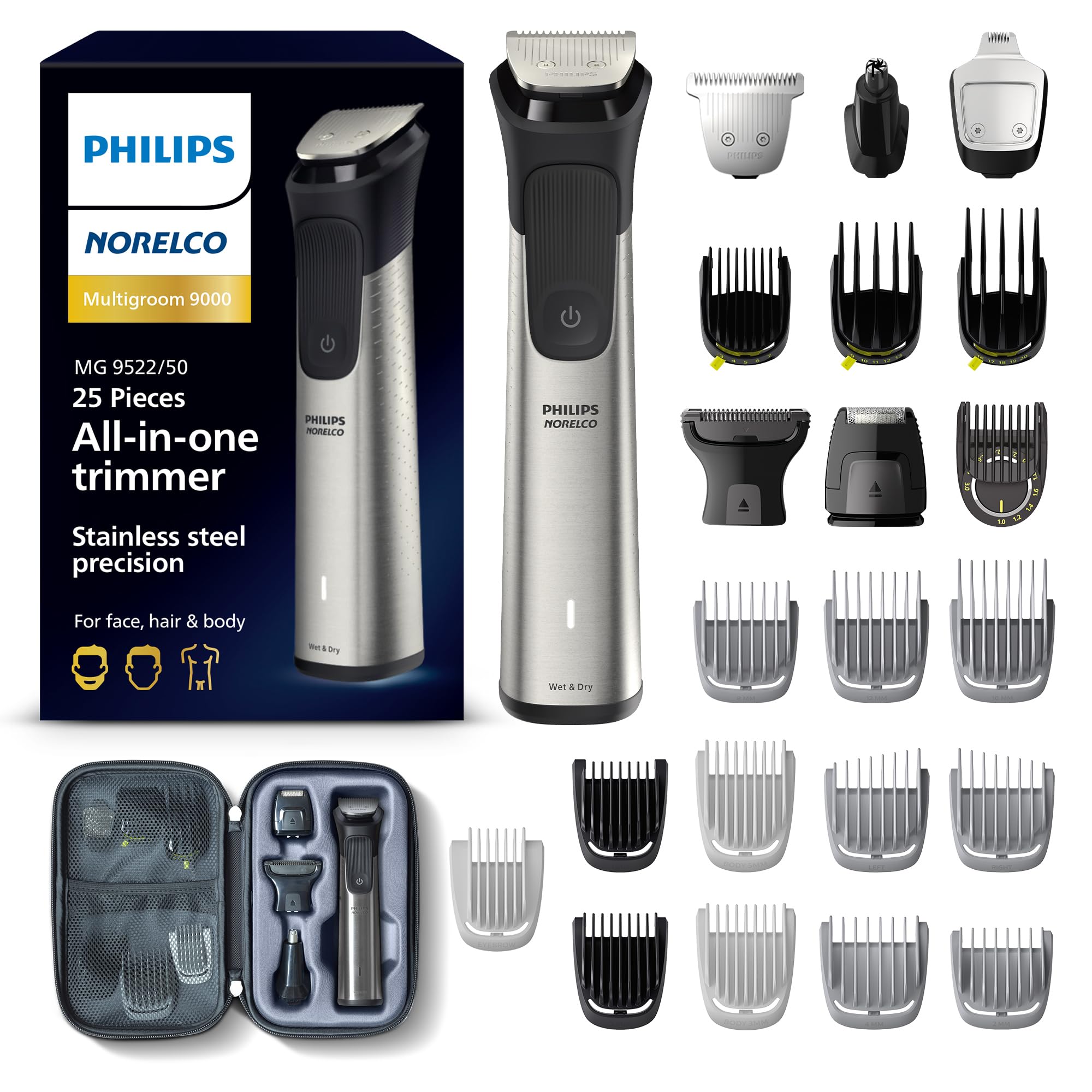 Philips Norelco Multigroom 9000 Series, All-in-One Trimmer, Beard Trimmer and Hair Clipper, 25-Piece/27-Length Men's Grooming Kit for Beard, Face, Nose, Ear and Body, Travel Kit, MG9522/50
