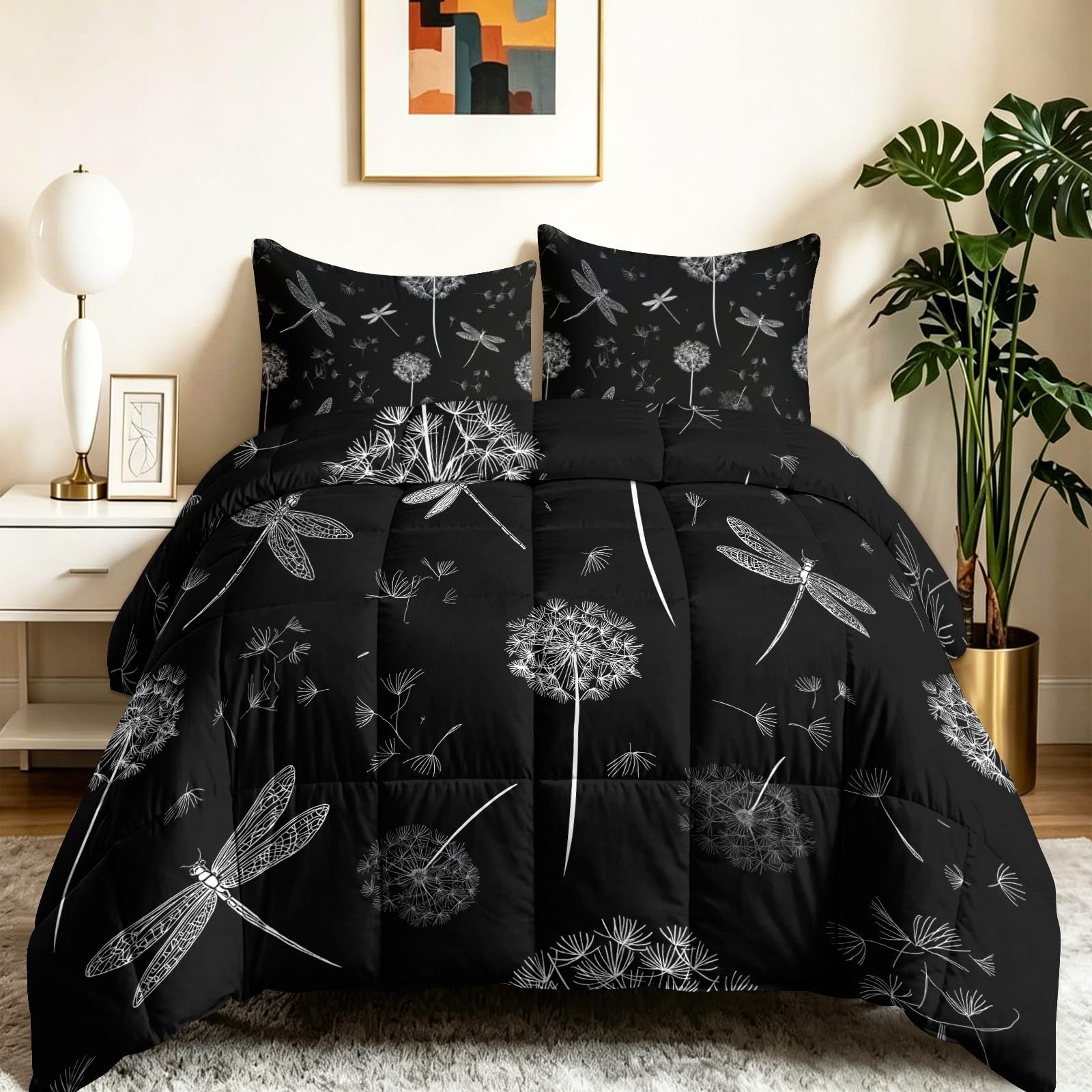 Minimalistisch Fantasy Botanisch Löwenzahn Bettdecke ohne Bezug 200 x 200 cm - Gewaschene Baumwolle Ganzjahresdecke mit 2 Kissenbezügen, Weiche Waschbare Steppdecke, Grau 3-teilig