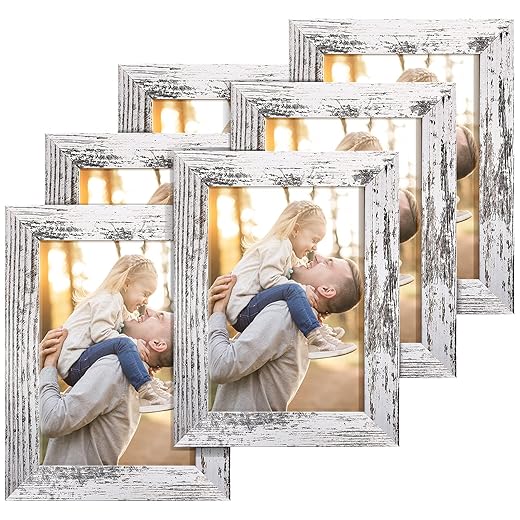 TWING Rustic Picture Frames 5x7 Set of 6, Distressed White Composite Wood Farmhouse Photo Collage Frame For Wall Decor Mounting or Table display