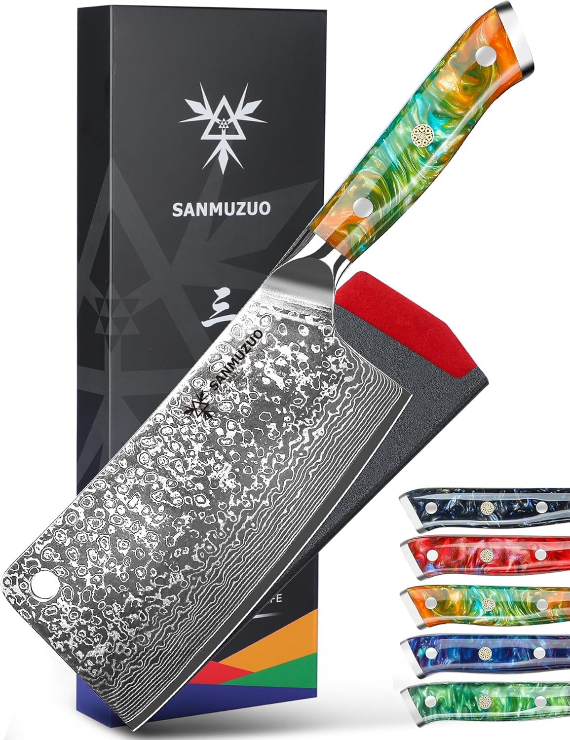 Chopping Knife - 7 inch Cleaver Knife- Xuan Series - VG10 Damascus Steel Kitchen Knife - Resin Handle (Sunset Red)