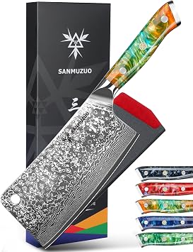 Chopping Knife - 7 inch Cleaver Knife- Xuan Series - VG10 Damascus Steel Kitchen Knife - Resin Handle Fantasy Orange