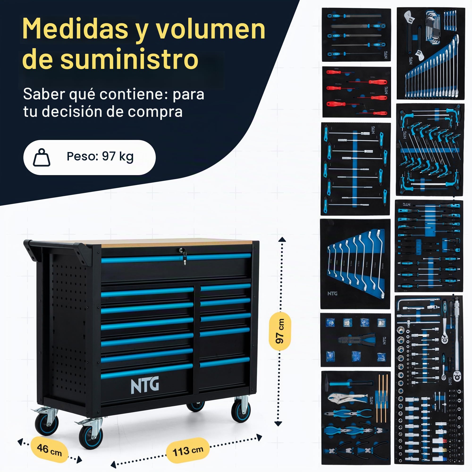 NTG Carro de herramientas XXL – 471 piezas incluidas – 12 cajones con tablero de trabajo de madera, con llave, móvil sobre ruedas – Gabinete profesional de metal para garaje y taller