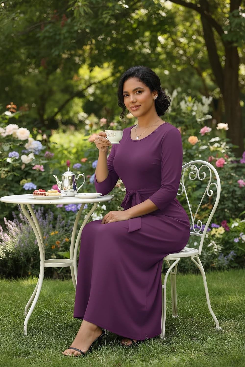 FANDEE Maxi Dress for Women 2026, Long Casual Empire Waist Dresses 3/4 Sleeve Round Neck with Belt - Image 2