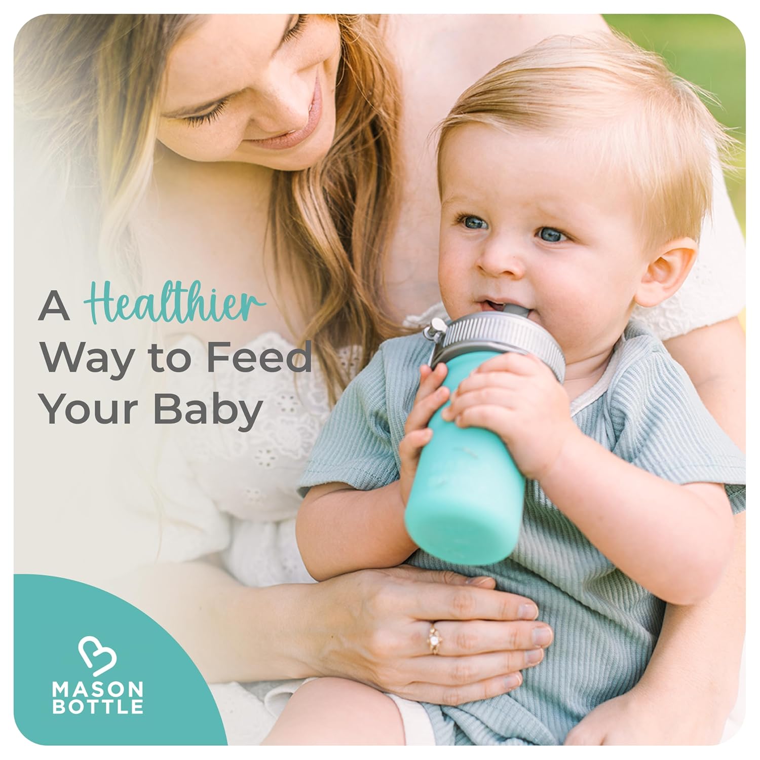 Mason Bottle 8oz Silicone Squeeze Pouch with Straw – Reusable Baby Food and Snack Pouch for Toddlers – Soft Food and Liquid Bottle - BPA & BPS-Free, Non-Toxic, Made in USA (Teal)