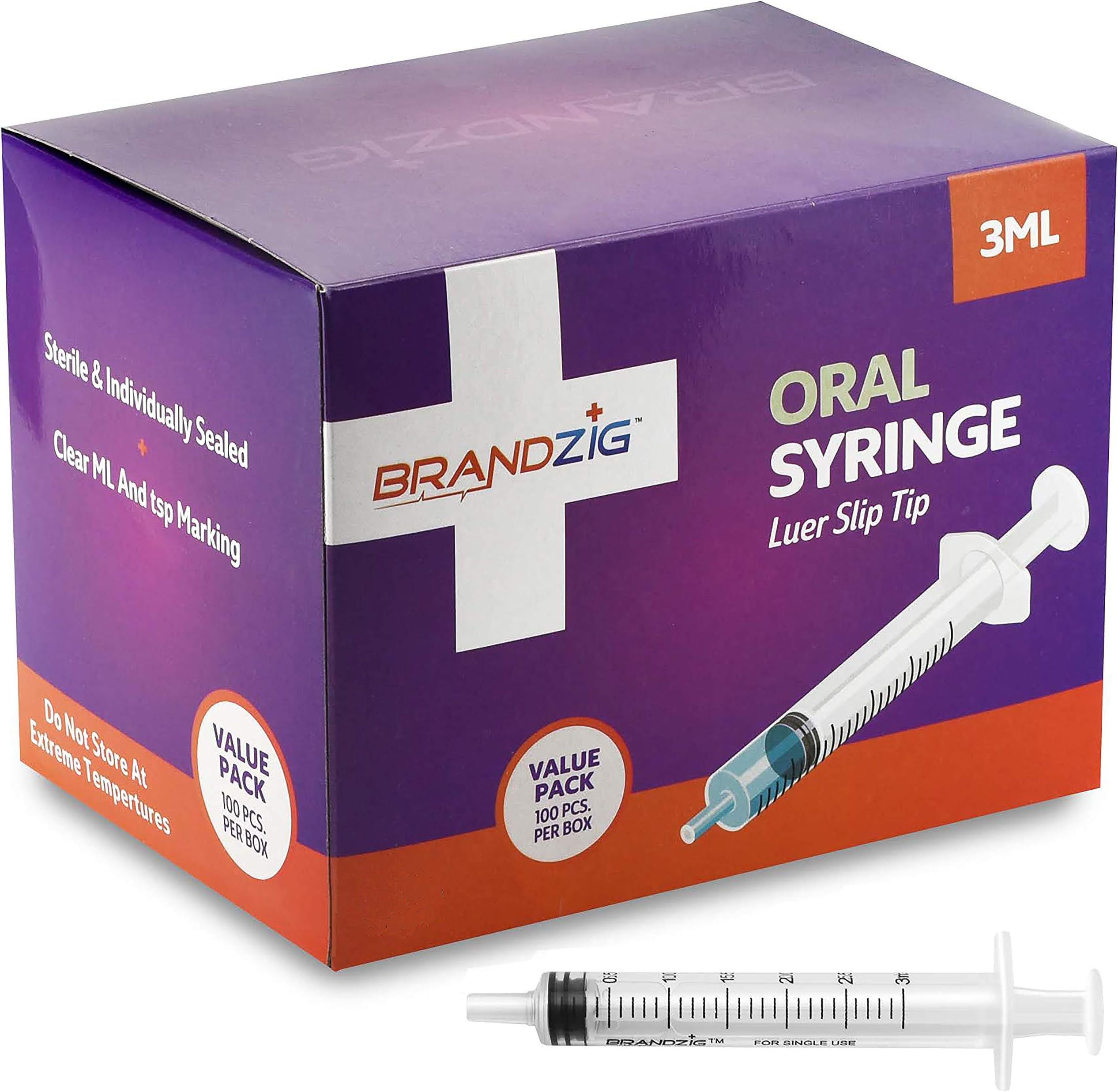 Brandzig 3ml Syringe - 100 Pack – Luer Slip Tip, No Needle, Individually Blister Packed - Medicine Administration for Infants, Toddlers and Small Pets