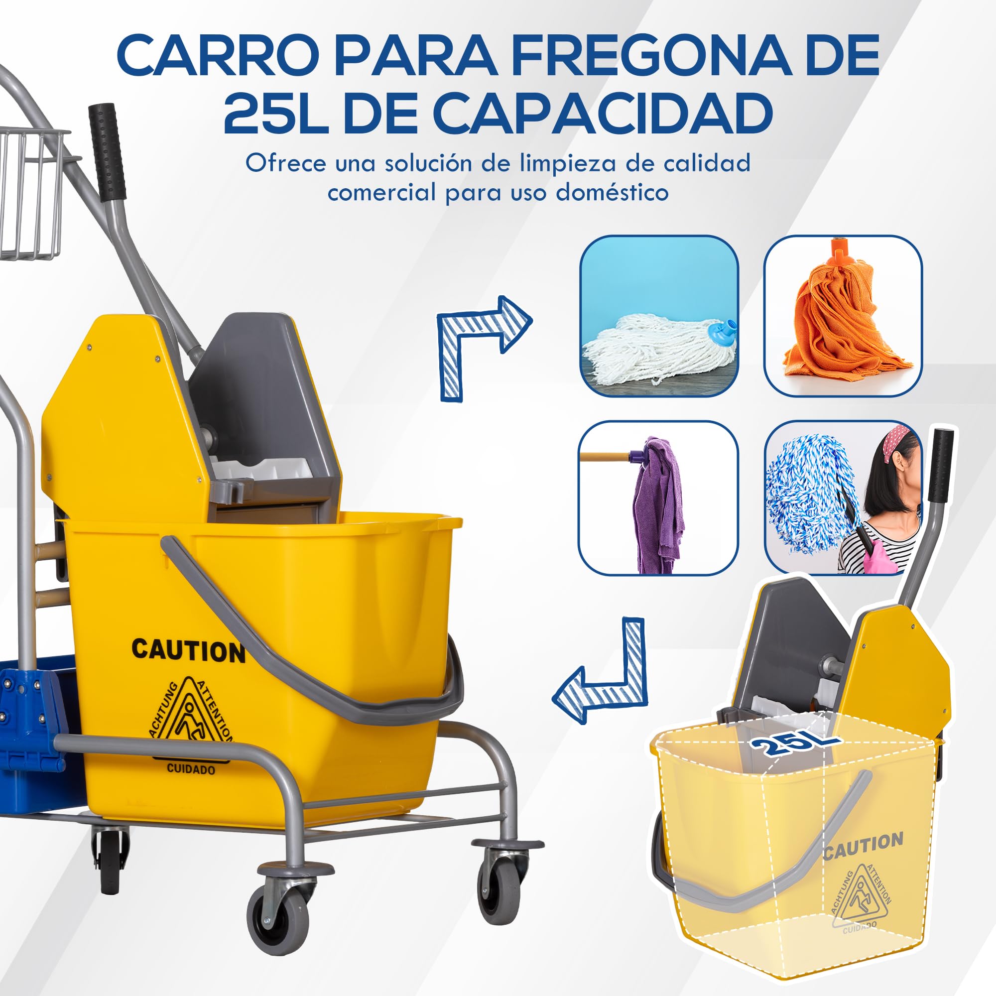 HOMCOM Carro de Limpieza Carro de Servicio con Cubos de Fregona de 25L Escurridor Cubeta y Estantes para Hotel Oficina 72x49,5x95 cm Amarillo