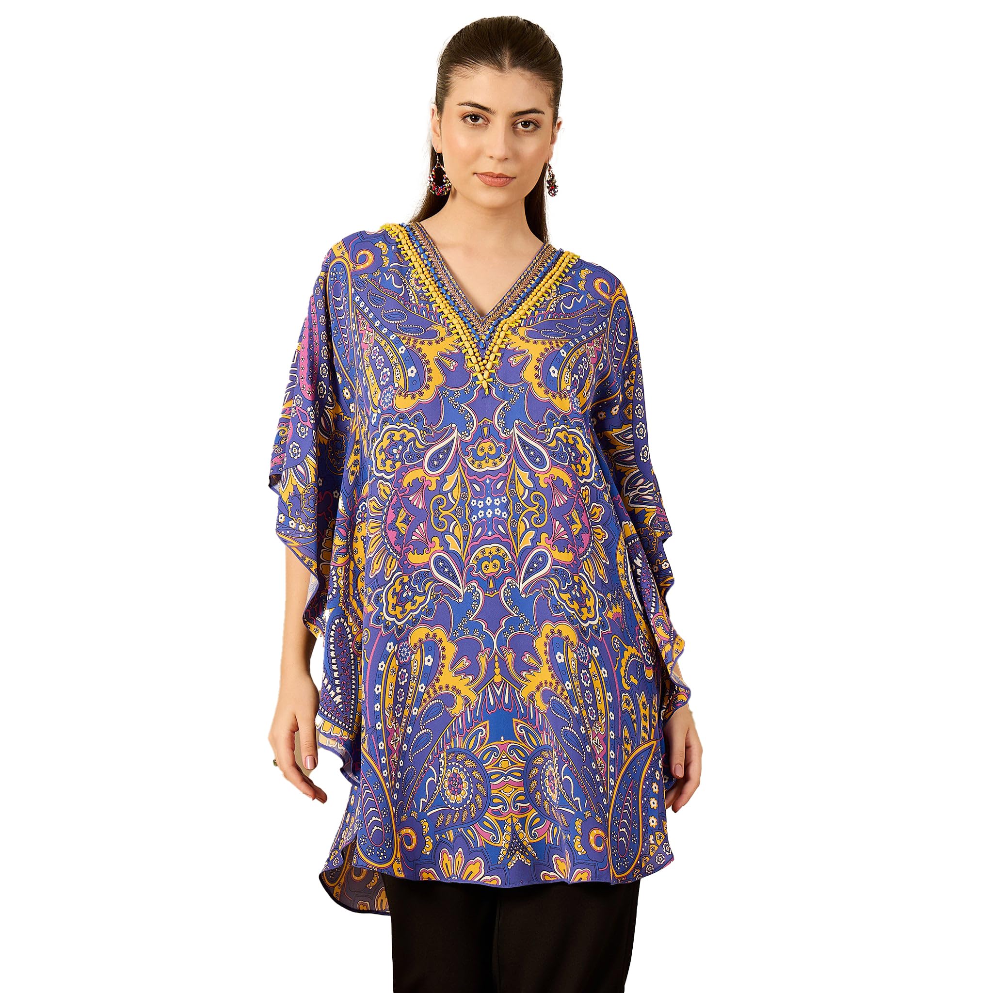 Cobalt Blue and Yellow Paisley Tunic in Double Viscose Georgette for Women by Ramola Bachchan-image-9