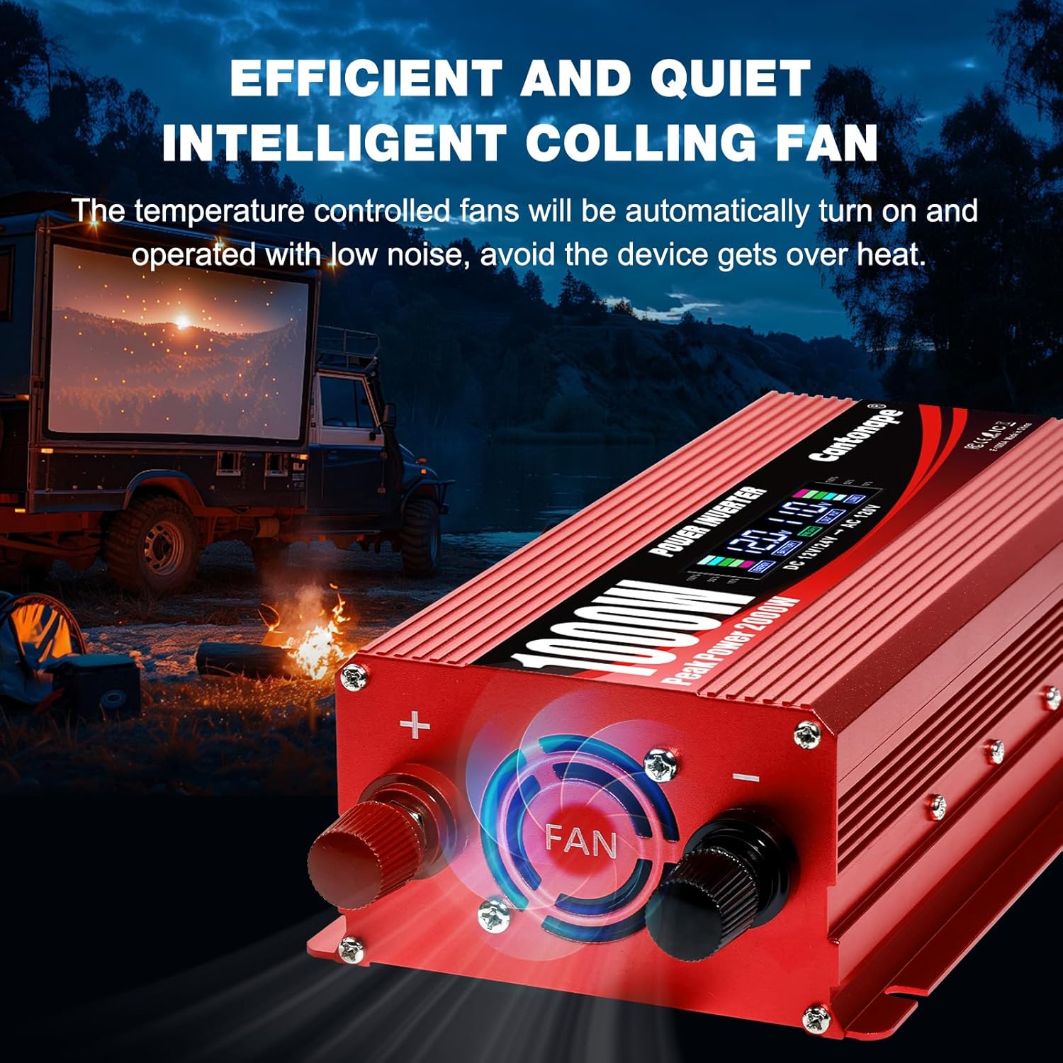 1000W/2000W(Peak) Car Power Inverter DC 12V/24V to 110V AC Converter with LCD Display Dual AC Outlets 3.0A USB and Type-C Car Charger for Car Home Laptop Truck Red