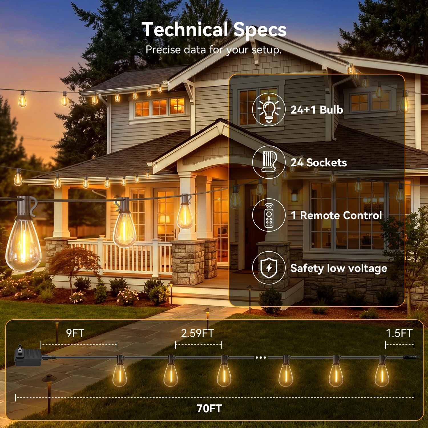70FT Outdoor String Lights with Remote, Waterproof Patio Lights with 24+1 Shatterproof S11 LED Bulbs,2200K Low Voltage Adapter for Backyard Garden Porch Bistro Decor, Timer & Dimmer Modes image 5