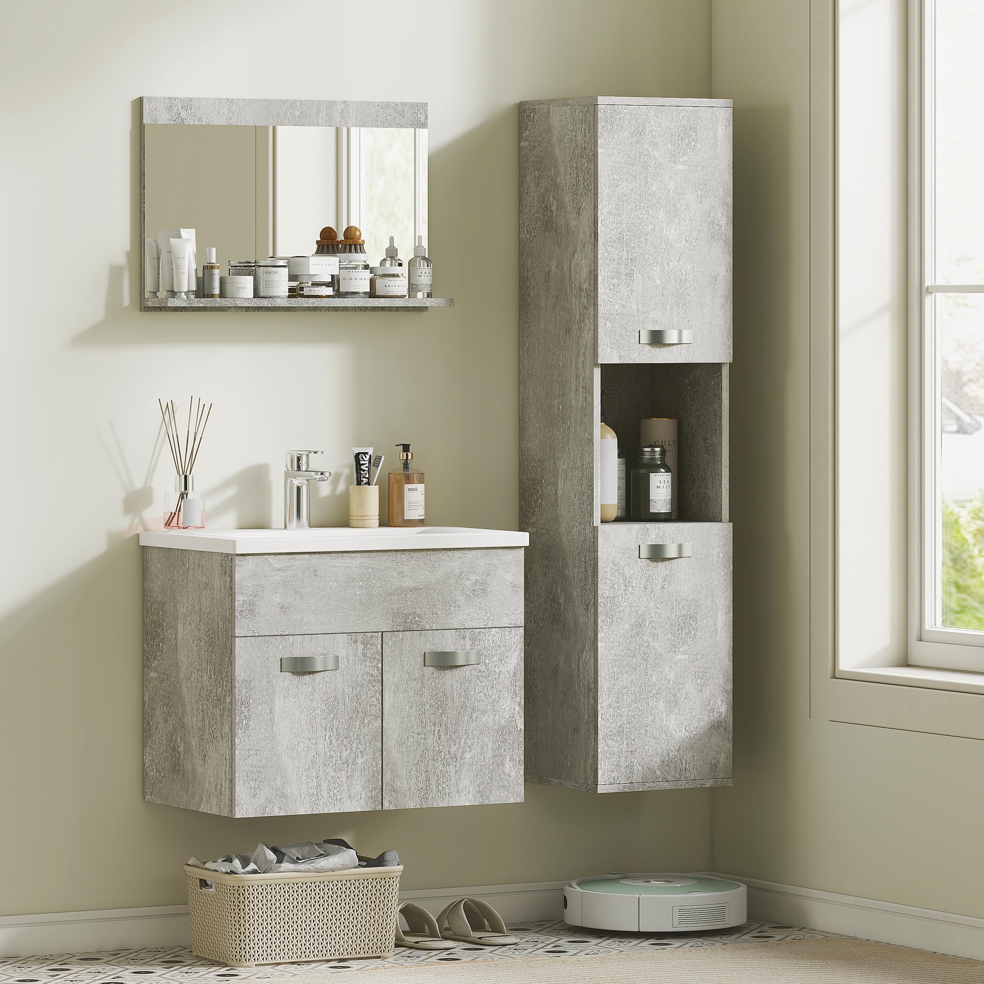 kleankin Set Mobili Bagno da 4 Pezzi con Lavabo da 60cm in Ceramica, Mobiletto Bagno, Colonna Bagno e Specchiera in Legno, Grigio