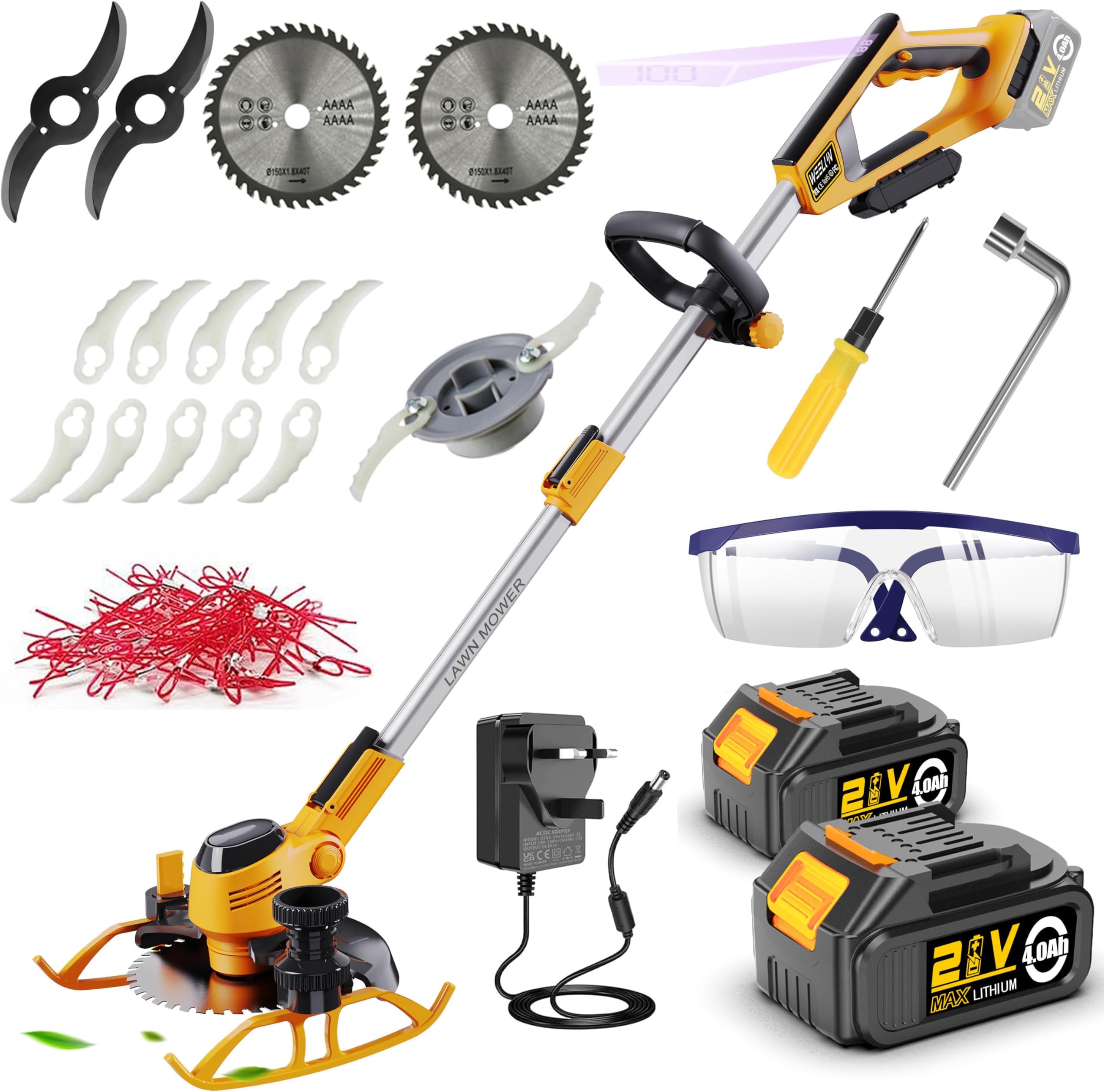WeeLun Grass Trimmers Cordless & Edger Garden Strimmer Electric with 8.0Ah Battery And Fast Charger, 4 Types Blades, With Auxiliary Wheels, for Garden Brush Cutter Clearing Weeds