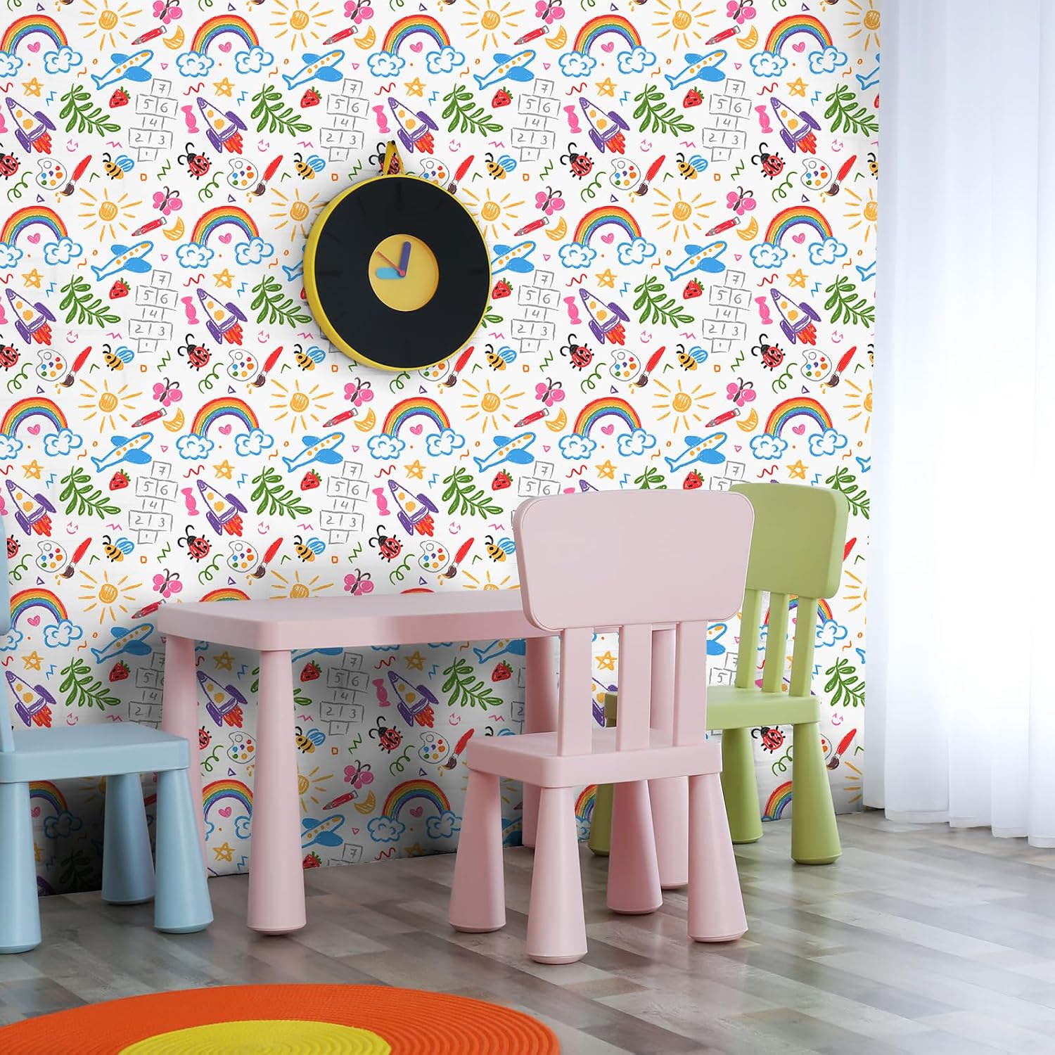 Crayon Doodle Wallpaper for Kids Room Cartoon Rainbow Rocket Plane Wallpaper for Nursery Peel and Stick Hand Drawn Cute Contact Paper Childish Wall Paper for Boys Bedroom 17.7"x157"